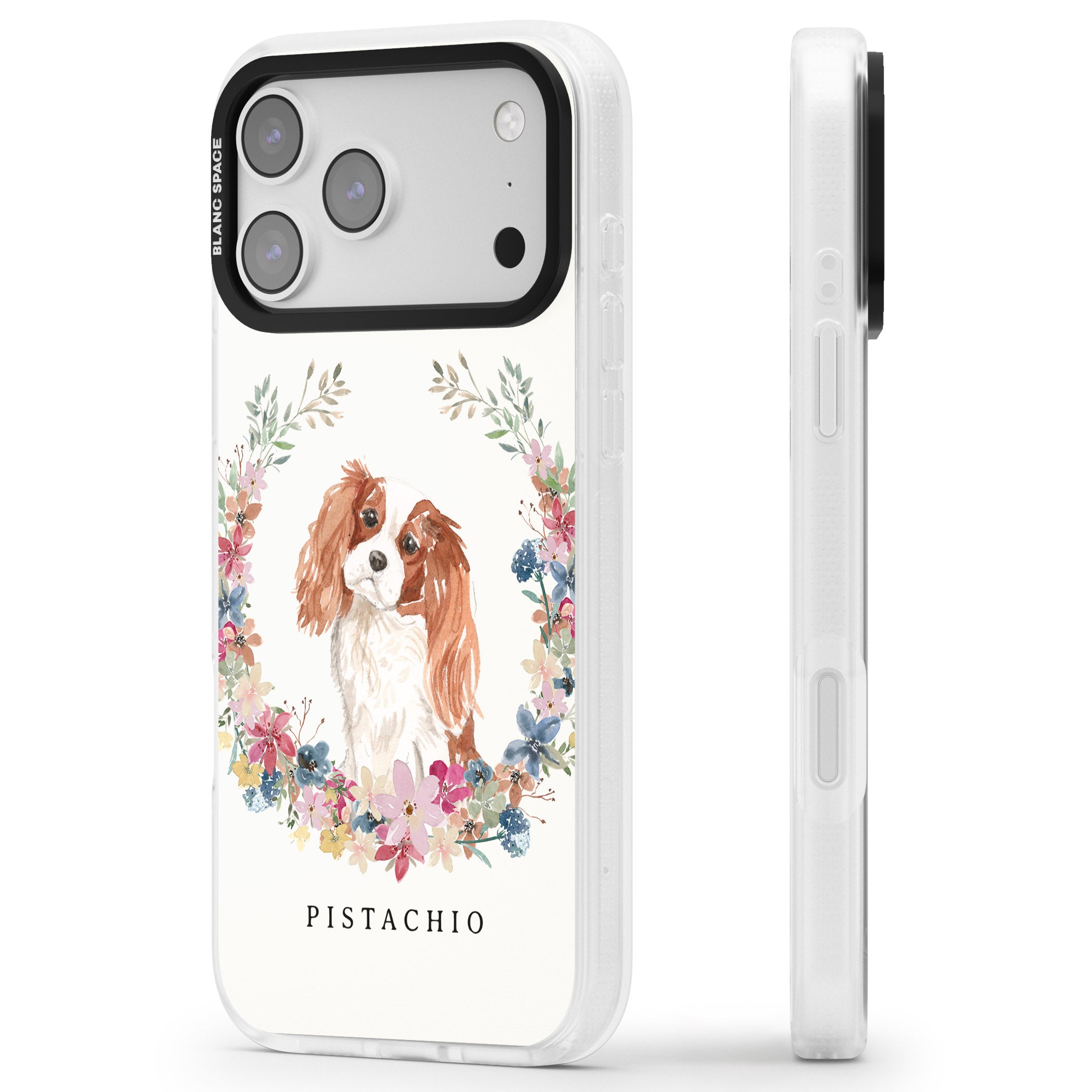 Personalised Cavalier King Charles Floral Portrait iPhone 17 Pro Max Impact Air Clear Phone Case Side Profile