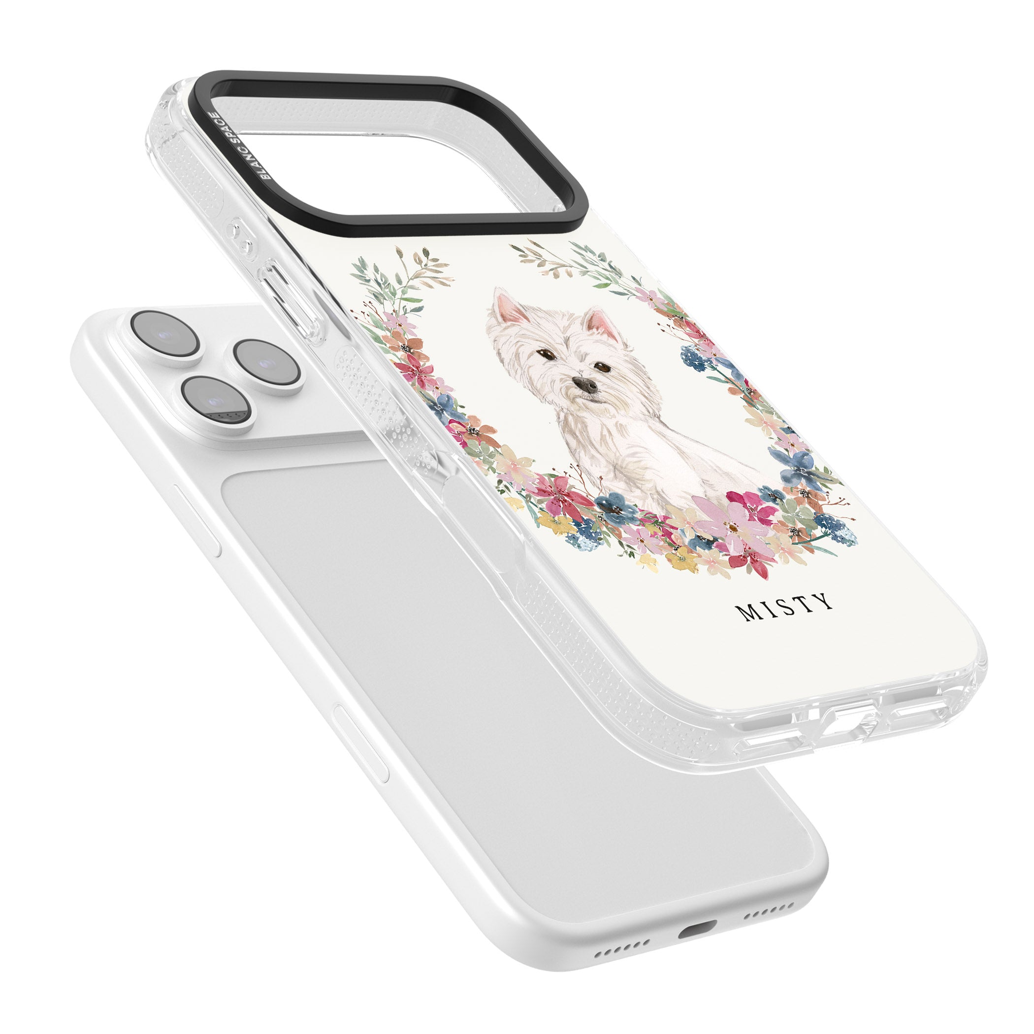 Personalised Westie Floral Portrait iPhone 17 Pro Max Impact Air Clear Phone Case Colours