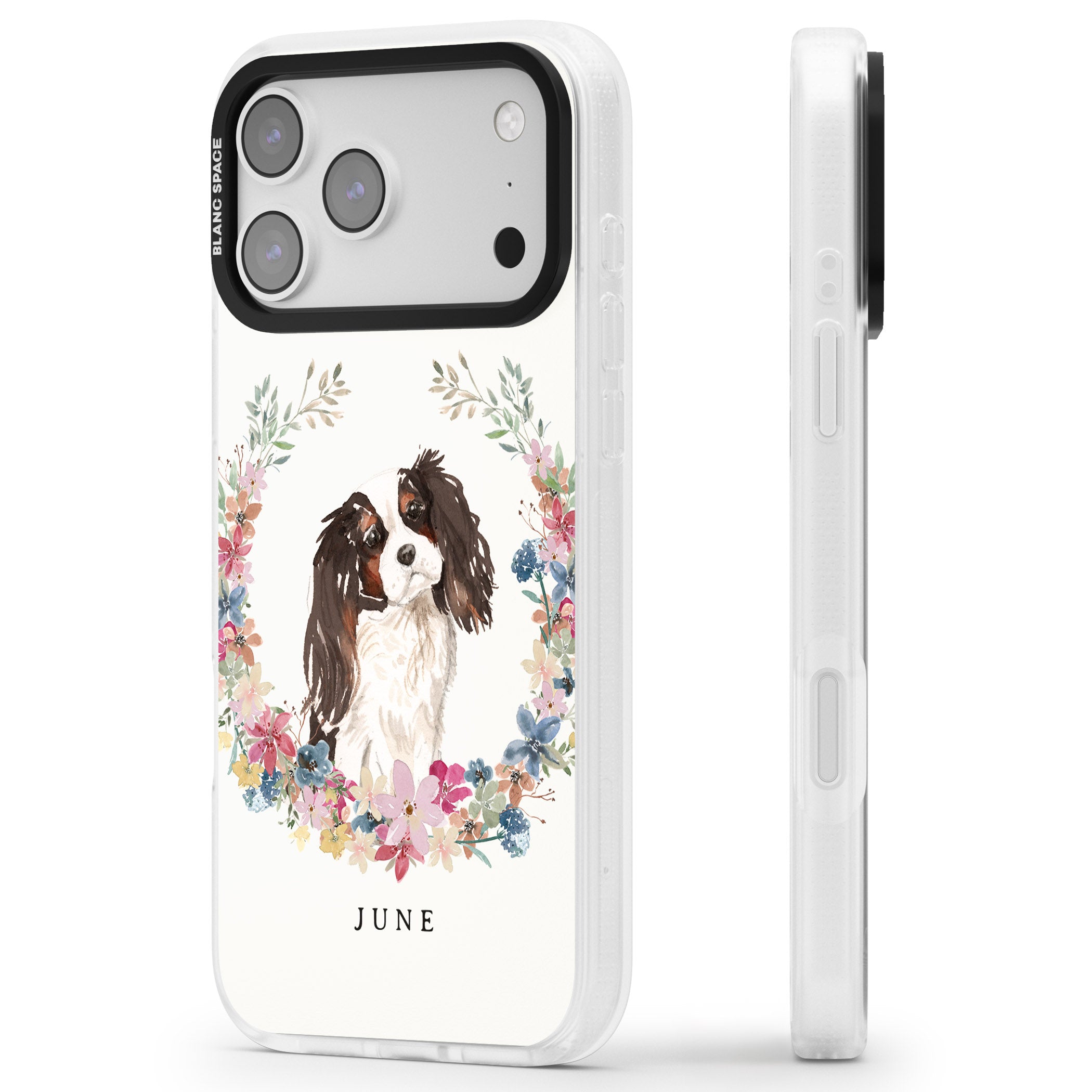 Personalised King Charles Floral Portrait iPhone 17 Pro Max Impact Air Clear Phone Case Side Profile