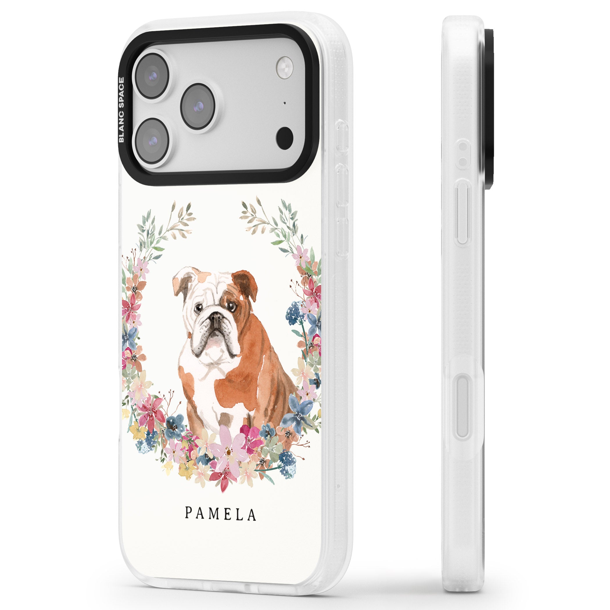 Personalised English Bulldog Floral Portrait iPhone 17 Pro Max Impact Air Clear Phone Case Side Profile