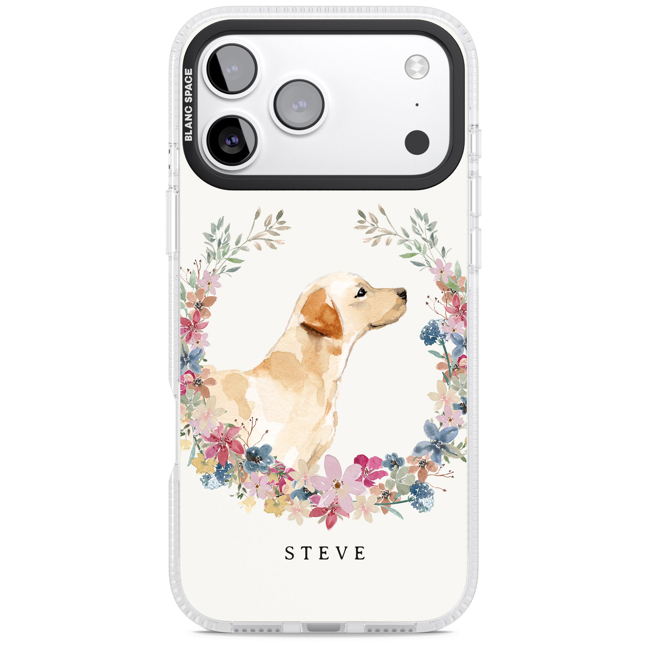 Personalised Yellow Labrador Floral Portrait iPhone 17 Pro Max Impact Air Clear Phone Case