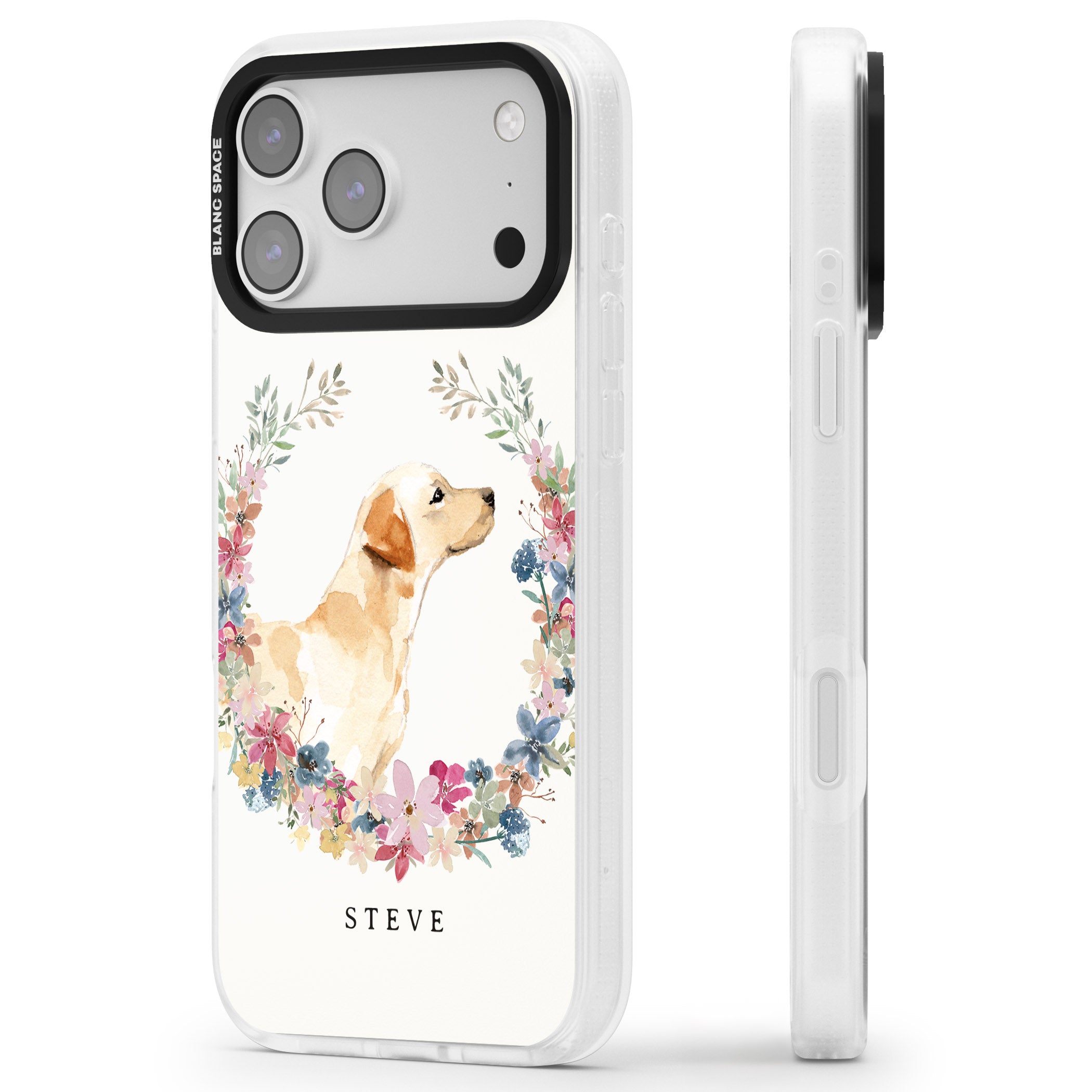 Personalised Yellow Labrador Floral Portrait iPhone 17 Pro Max Impact Air Clear Phone Case Side Profile