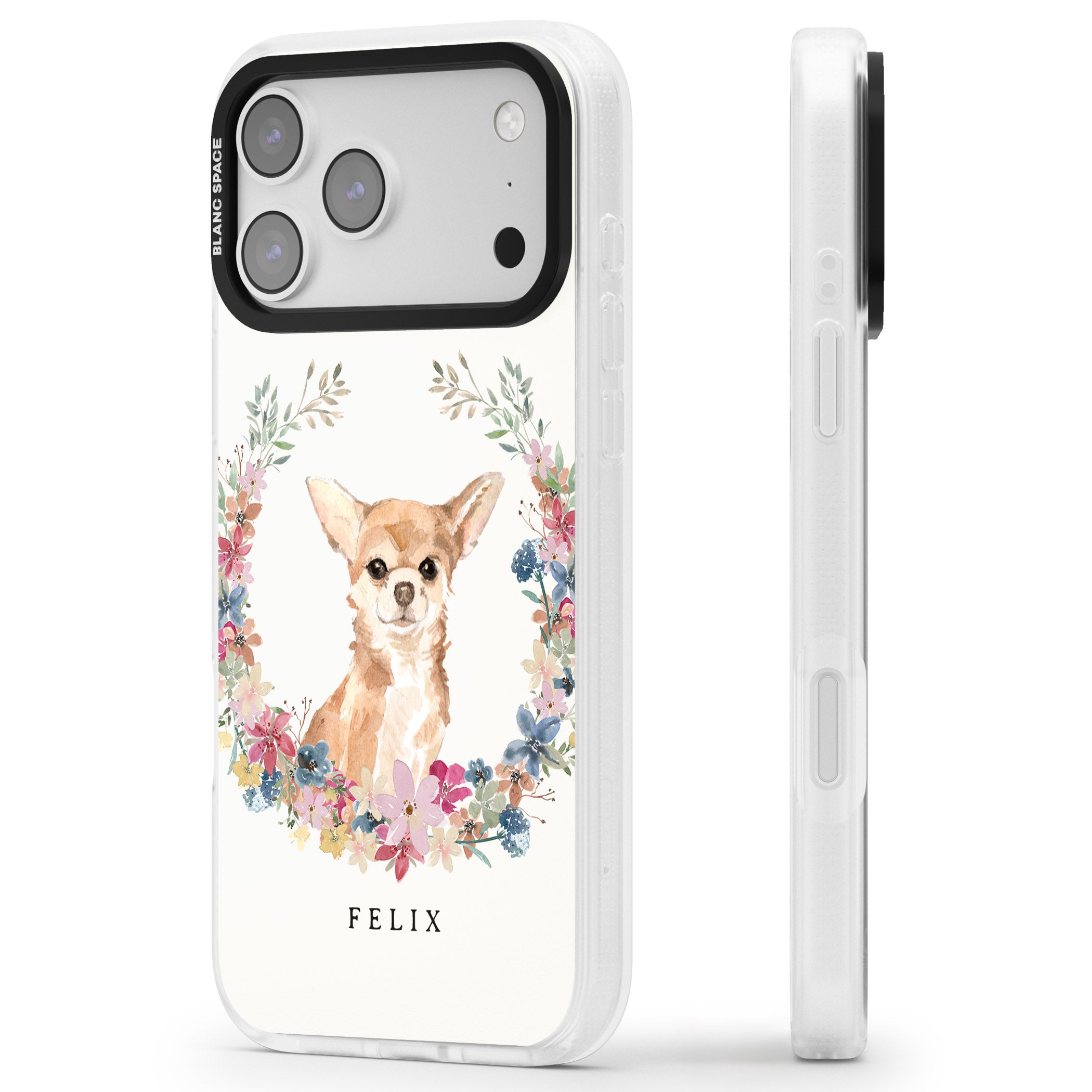 Personalised Chihuahua Floral Portrait iPhone 17 Pro Max Impact Air Clear Phone Case Side Profile