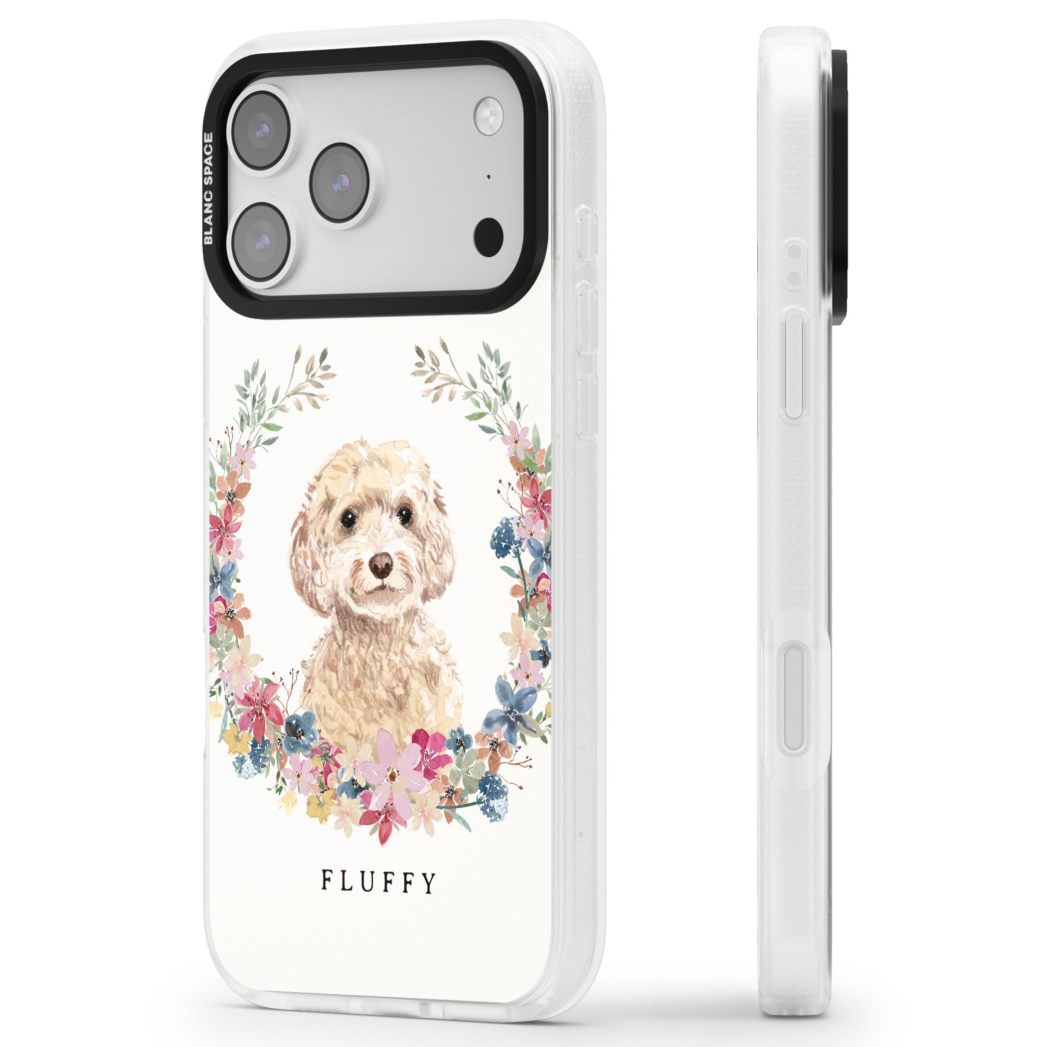 Personalised Champagne Cockapoo Floral Portrait iPhone 17 Pro Max Impact Air Clear Phone Case Side Profile
