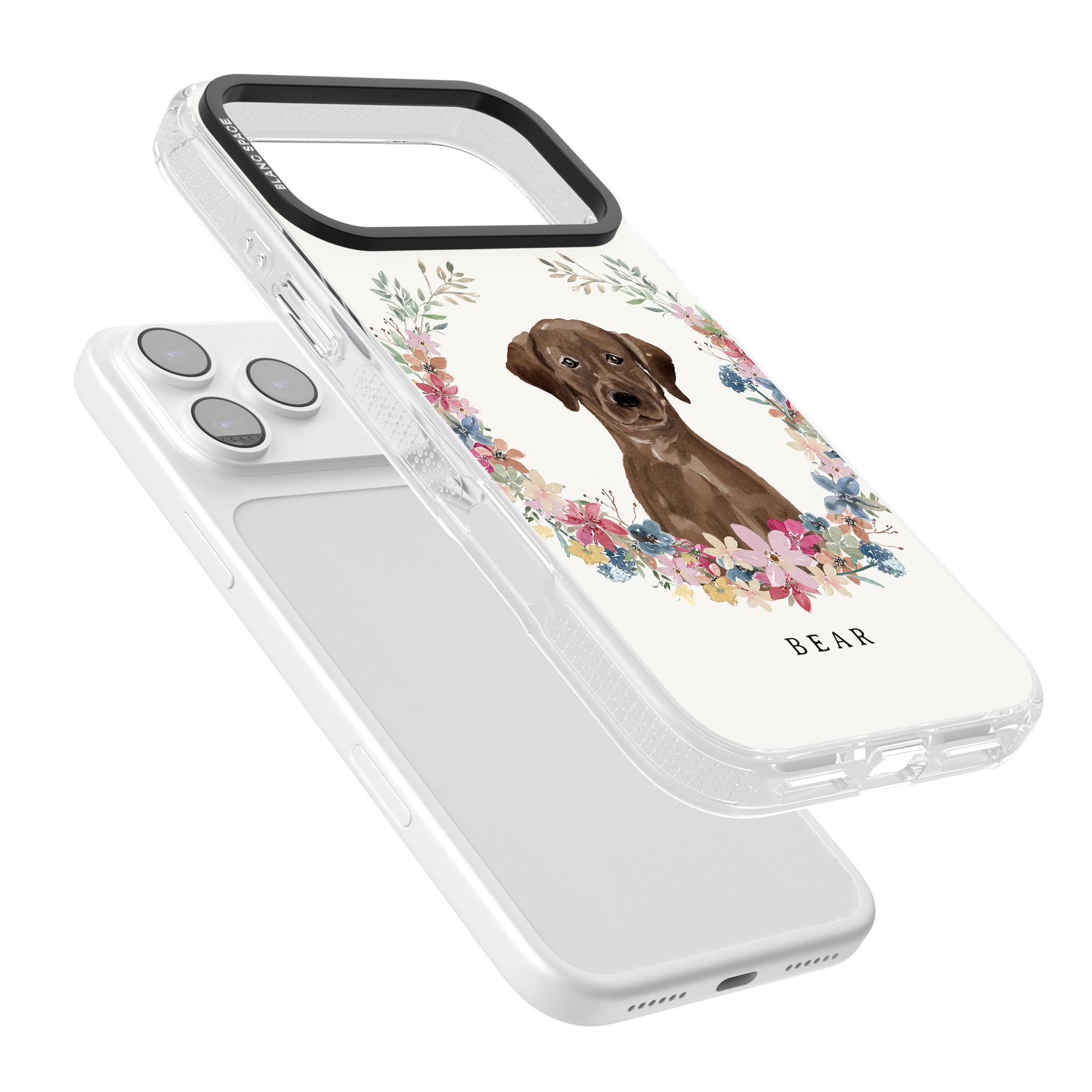 Personalised Chocolate Labrador Floral Portrait iPhone 17 Pro Max Impact Air Clear Phone Case Colours