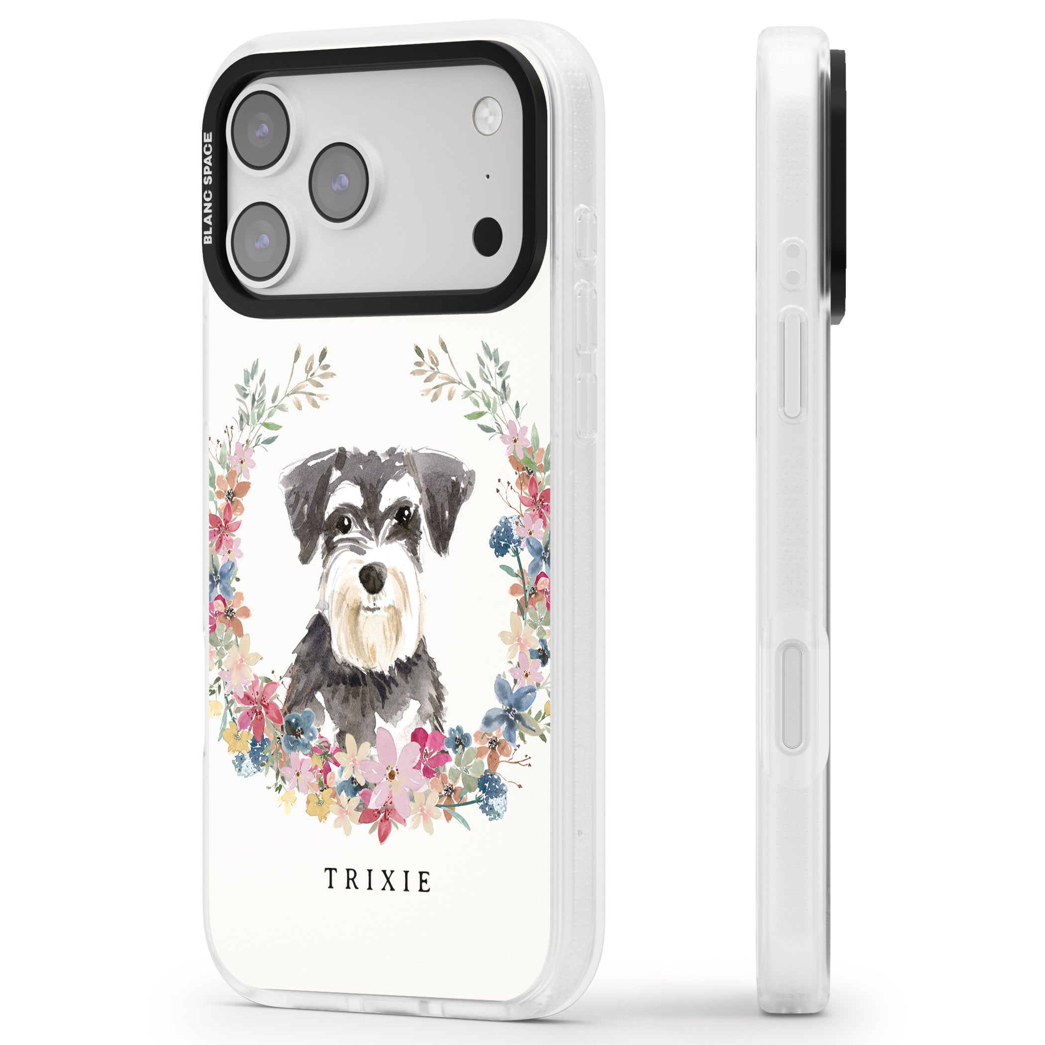Personalised Watercolor Schnauzer Floral Portrait iPhone 17 Pro Max Impact Air Clear Phone Case Side Profile