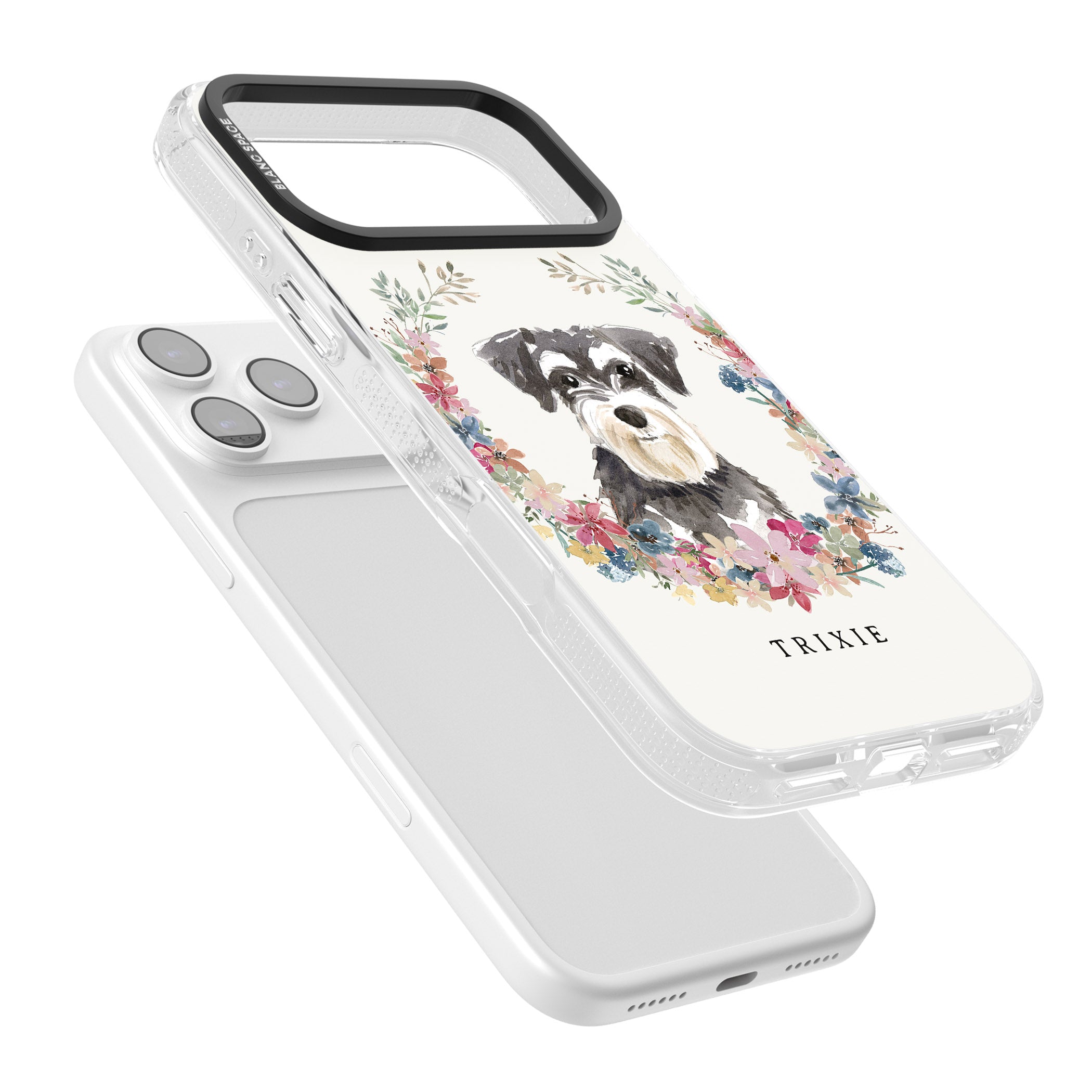 Personalised Watercolor Schnauzer Floral Portrait iPhone 17 Pro Max Impact Air Clear Phone Case Colours