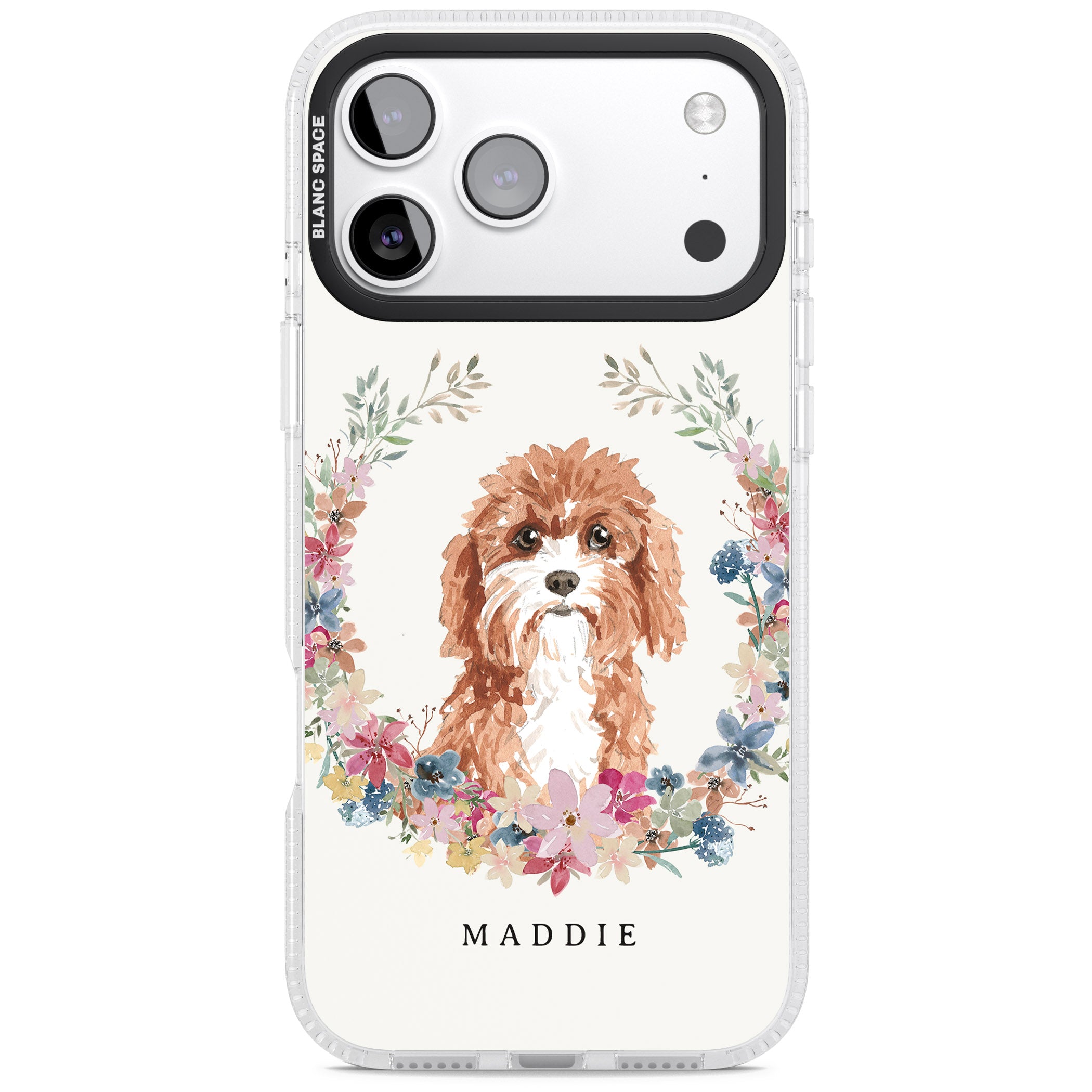 Personalised Cavapoo Floral Portrait iPhone 17 Pro Max Impact Air Clear Phone Case