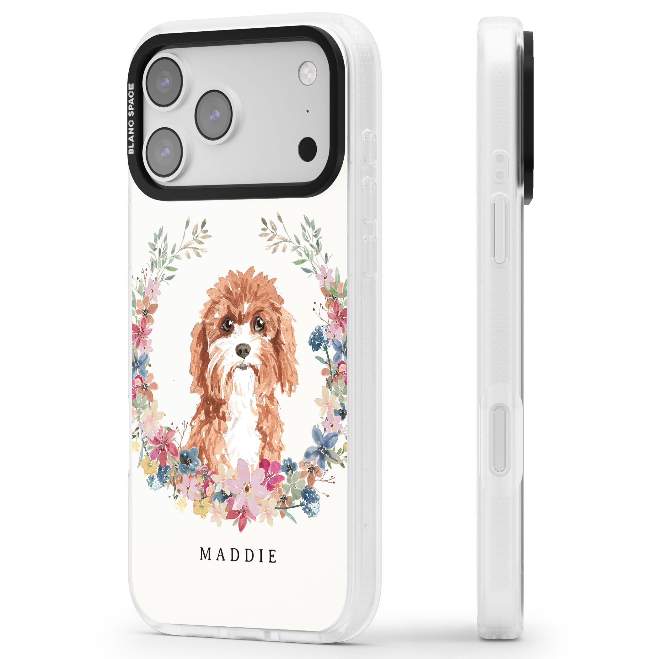 Personalised Cavapoo Floral Portrait iPhone 17 Pro Max Impact Air Clear Phone Case Side Profile