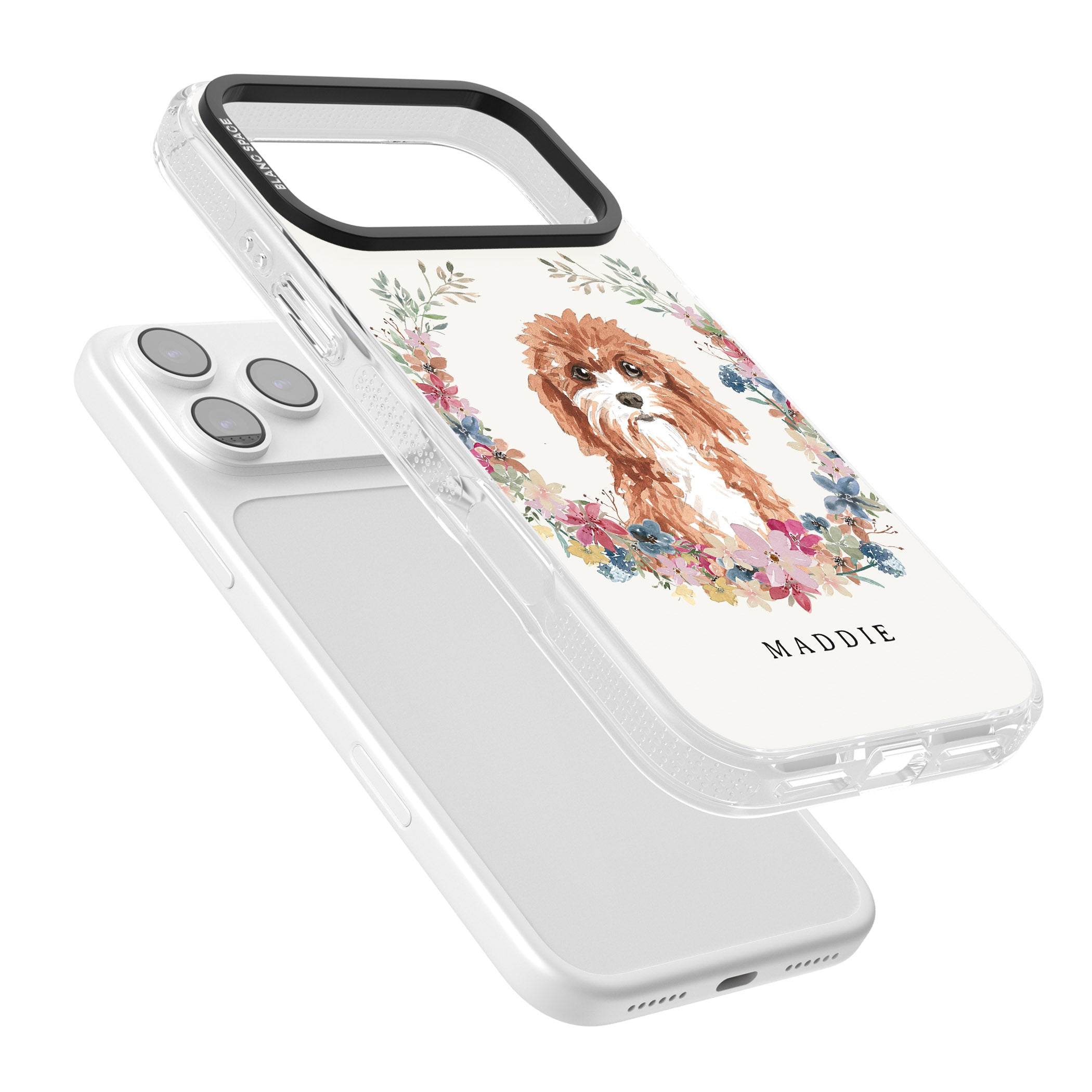 Personalised Cavapoo Floral Portrait iPhone 17 Pro Max Impact Air Clear Phone Case Colours