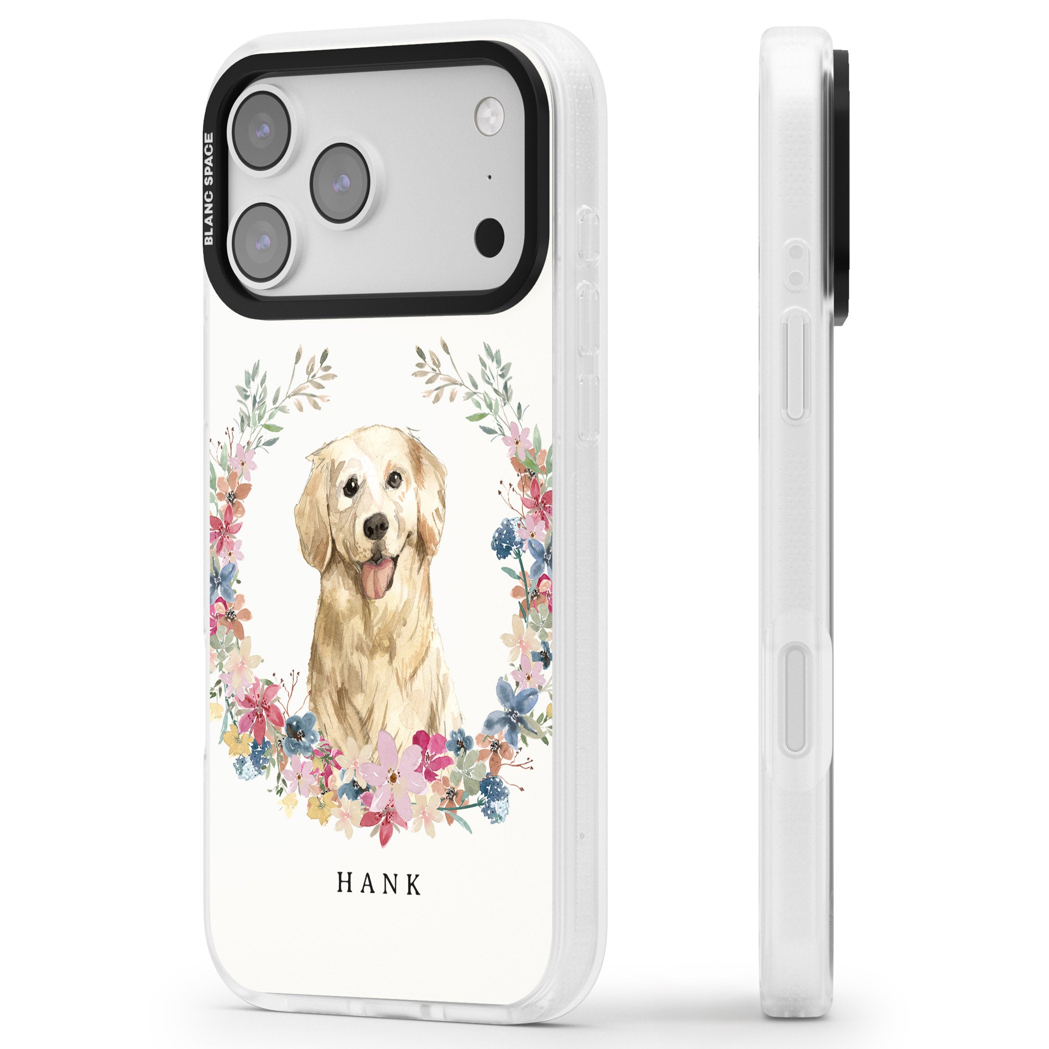 Personalised Golden Retriever Floral Portrait iPhone 17 Pro Max Impact Air Clear Phone Case Side Profile