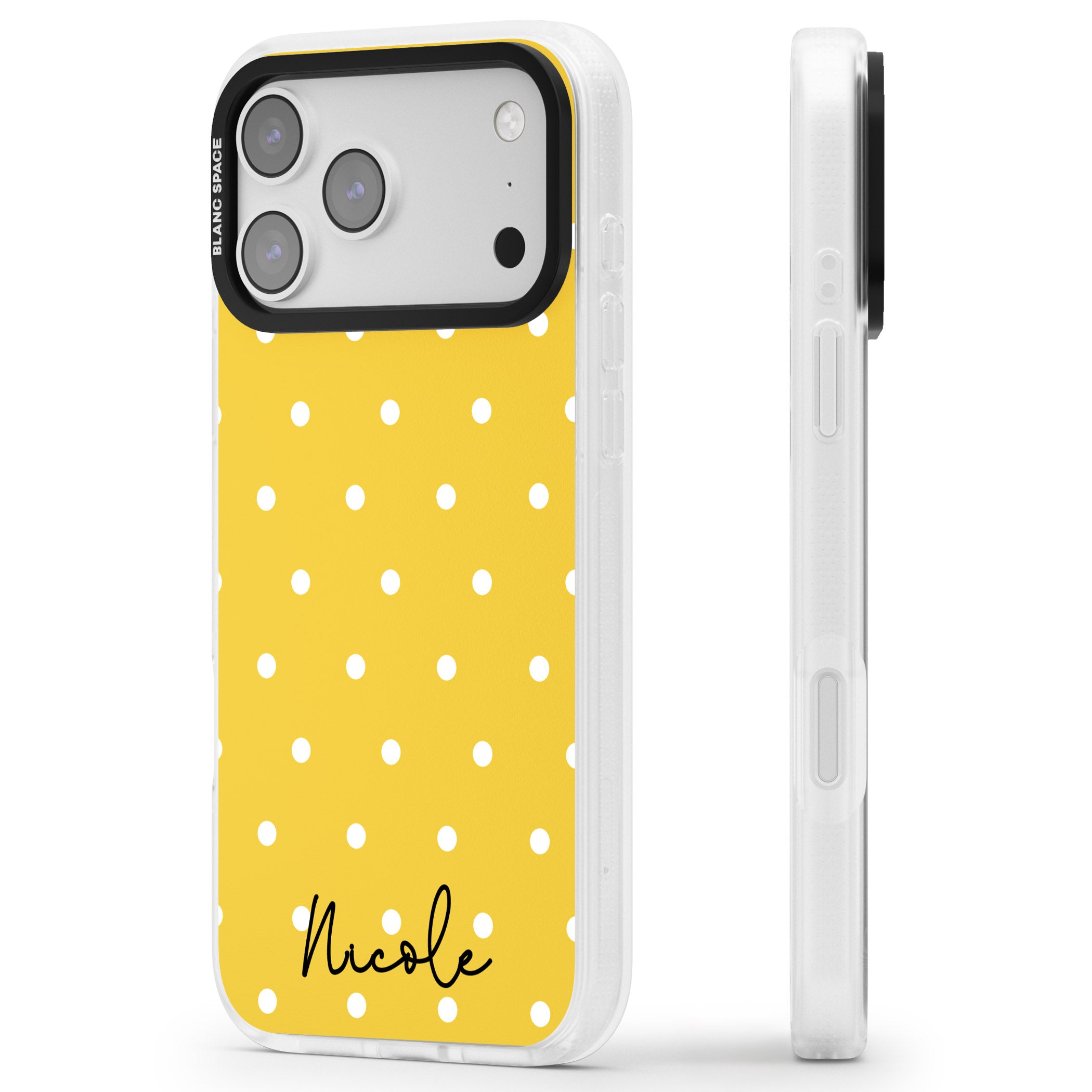Personalised Yellow Polka Dot iPhone 17 Pro Max Impact Air Clear Phone Case Side Profile