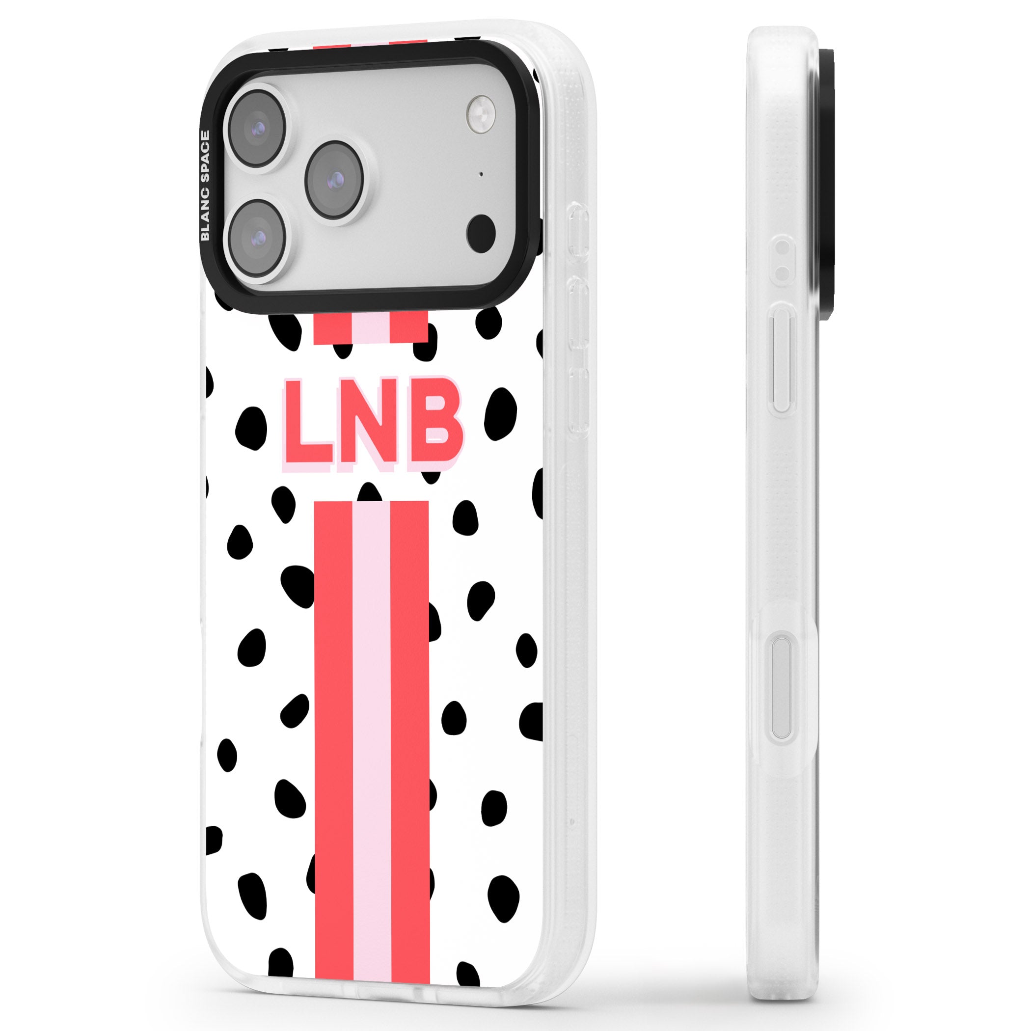Personalised Polka & Pink Stripe iPhone 17 Pro Max Impact Air Clear Phone Case Side Profile
