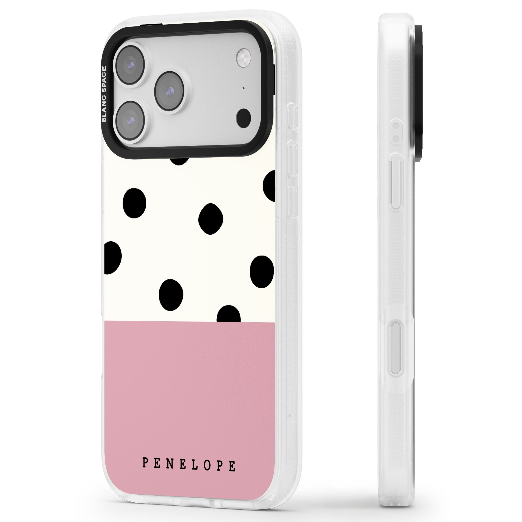 Personalised Pink Border Polka Dot iPhone 17 Pro Max Impact Air Clear Phone Case Side Profile