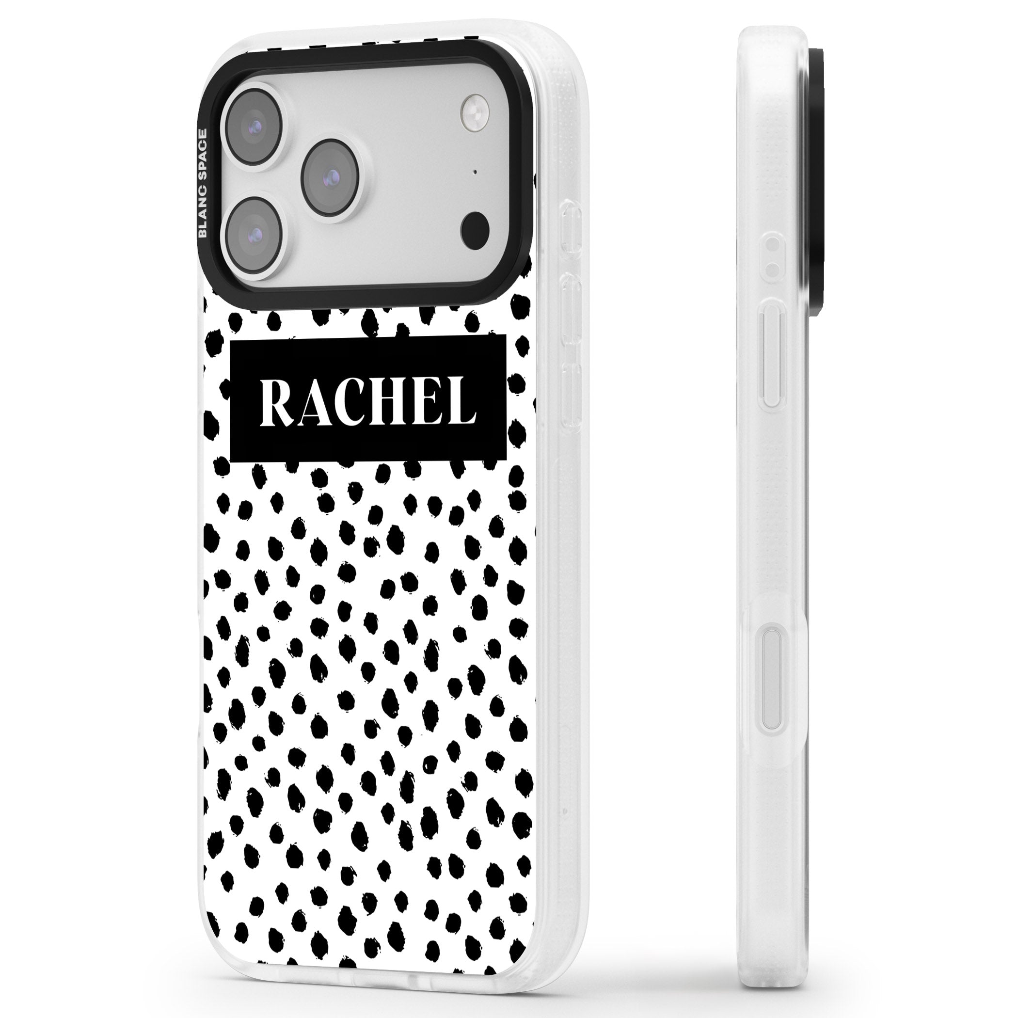 Personalised Black Dots iPhone 17 Pro Max Impact Air Clear Phone Case Side Profile