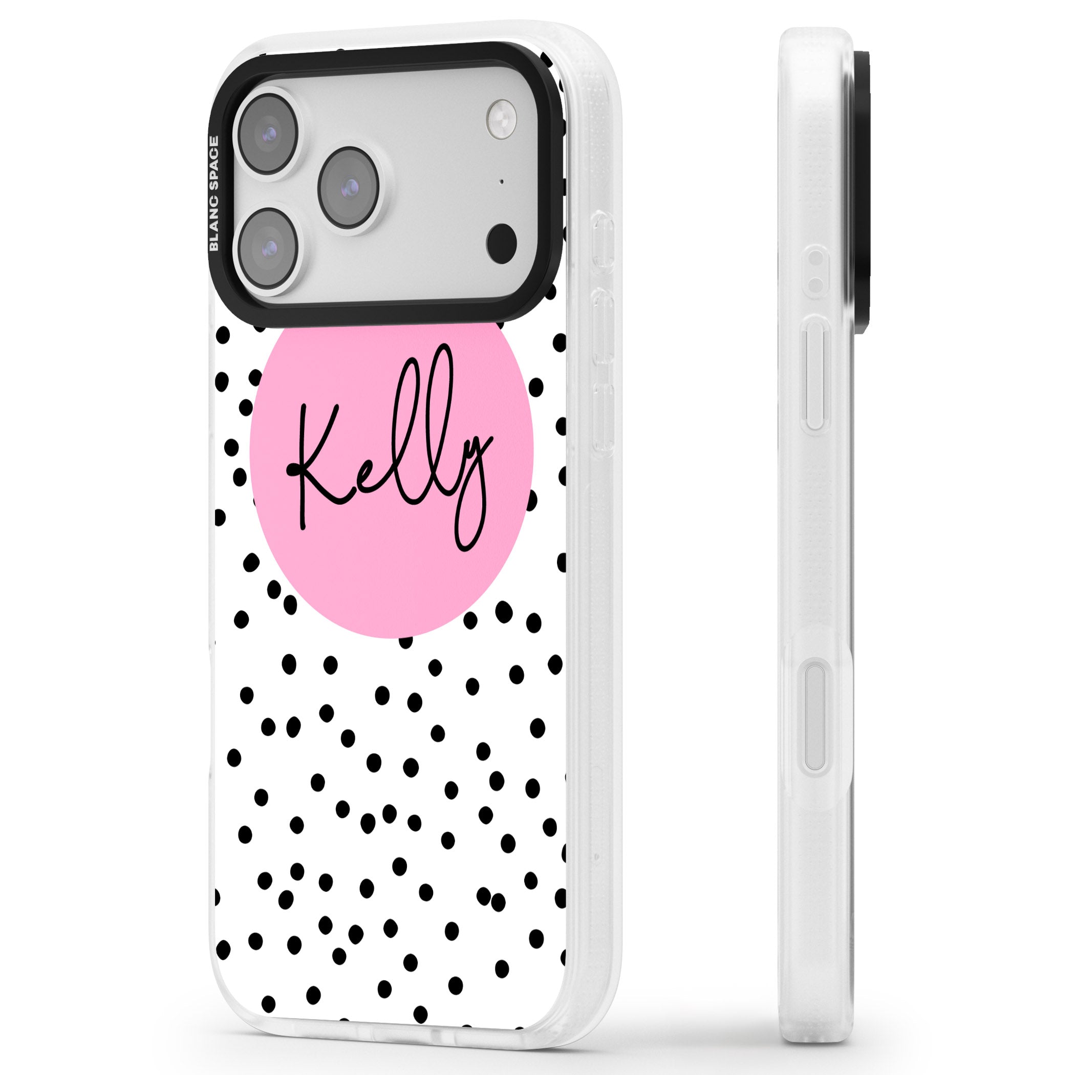 Personalised Pink Circle & Dots iPhone 17 Pro Max Impact Air Clear Phone Case Side Profile