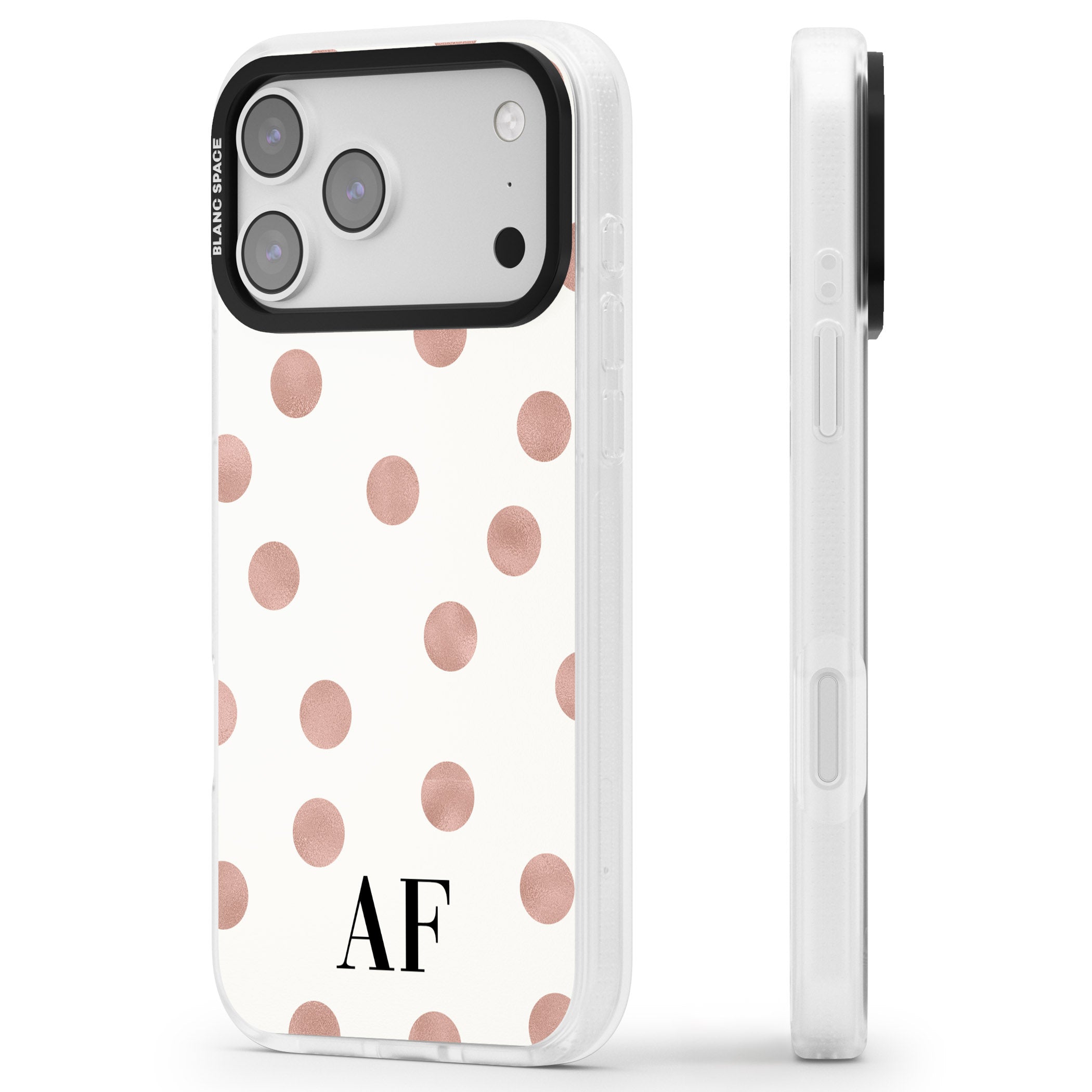 Personalised Rose Gold Dots & Initials iPhone 17 Pro Max Impact Air Clear Phone Case Side Profile