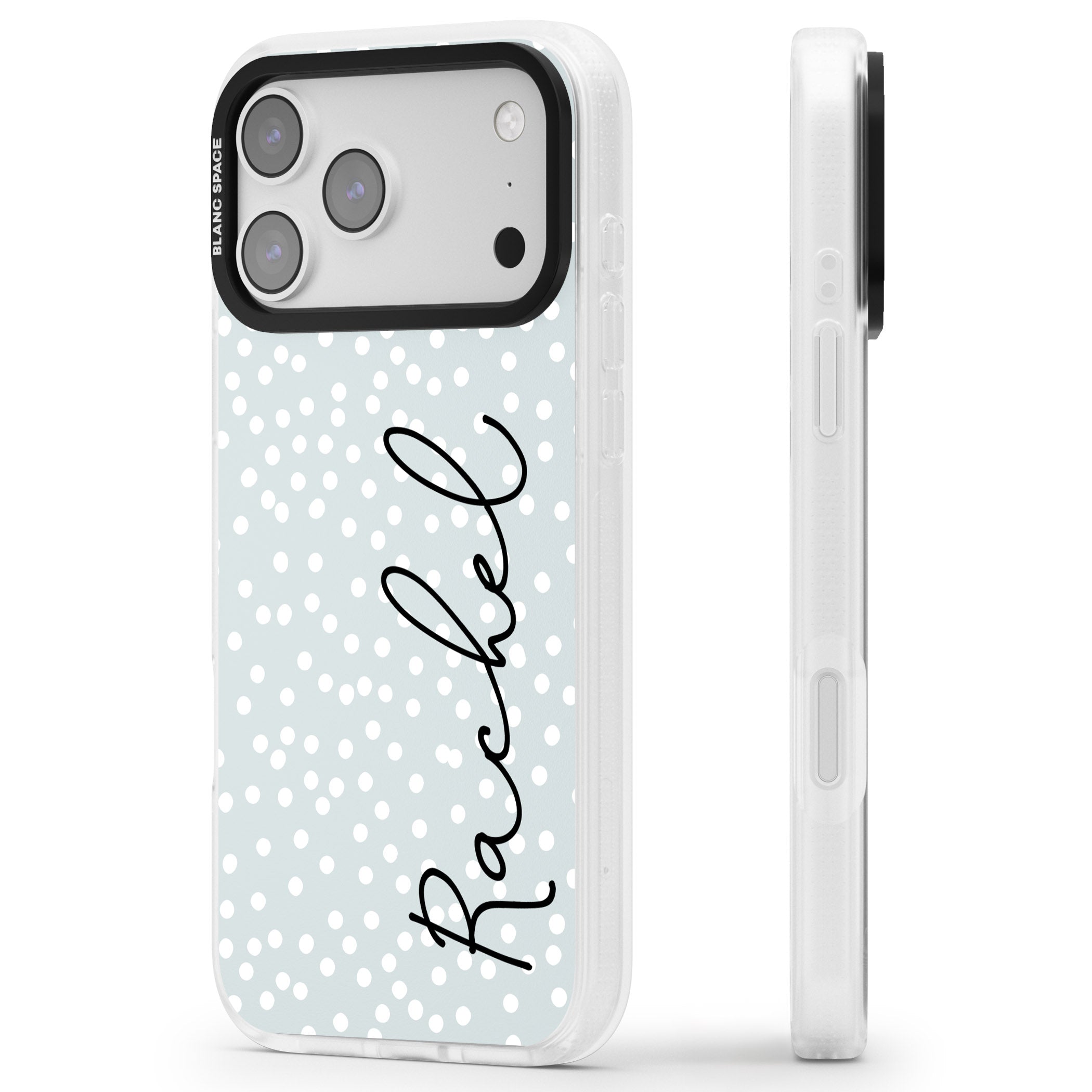 Personalised Vertical Cursive & Dots iPhone 17 Pro Max Impact Air Clear Phone Case Side Profile