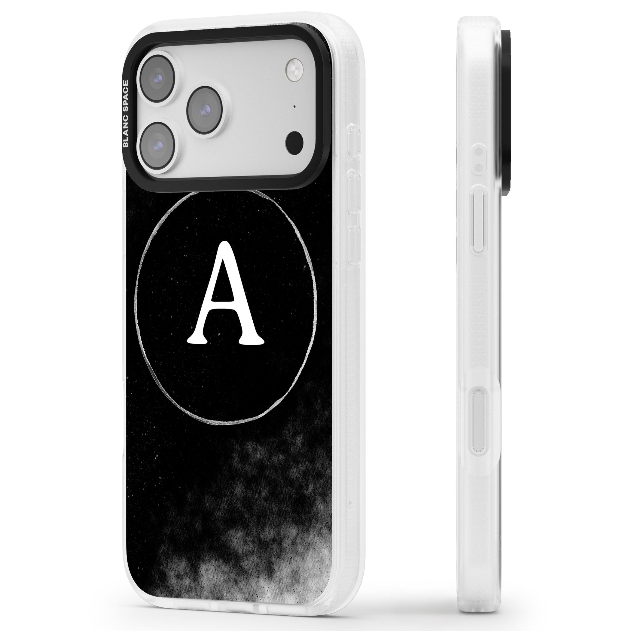 Personalised Monochrome Cosmic Monogram iPhone 17 Pro Max Impact Air Clear Phone Case Side Profile