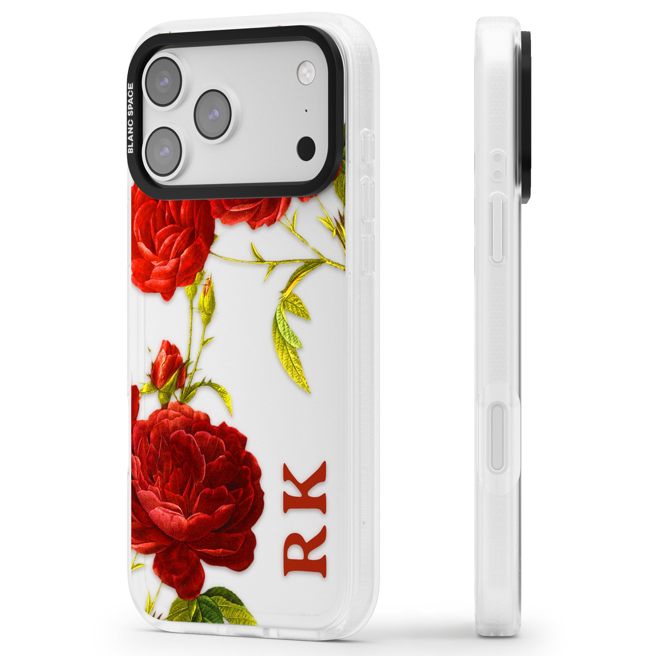 Personalised Vintage Floral Red Roses iPhone 17 Pro Max Impact Air Clear Phone Case Side Profile