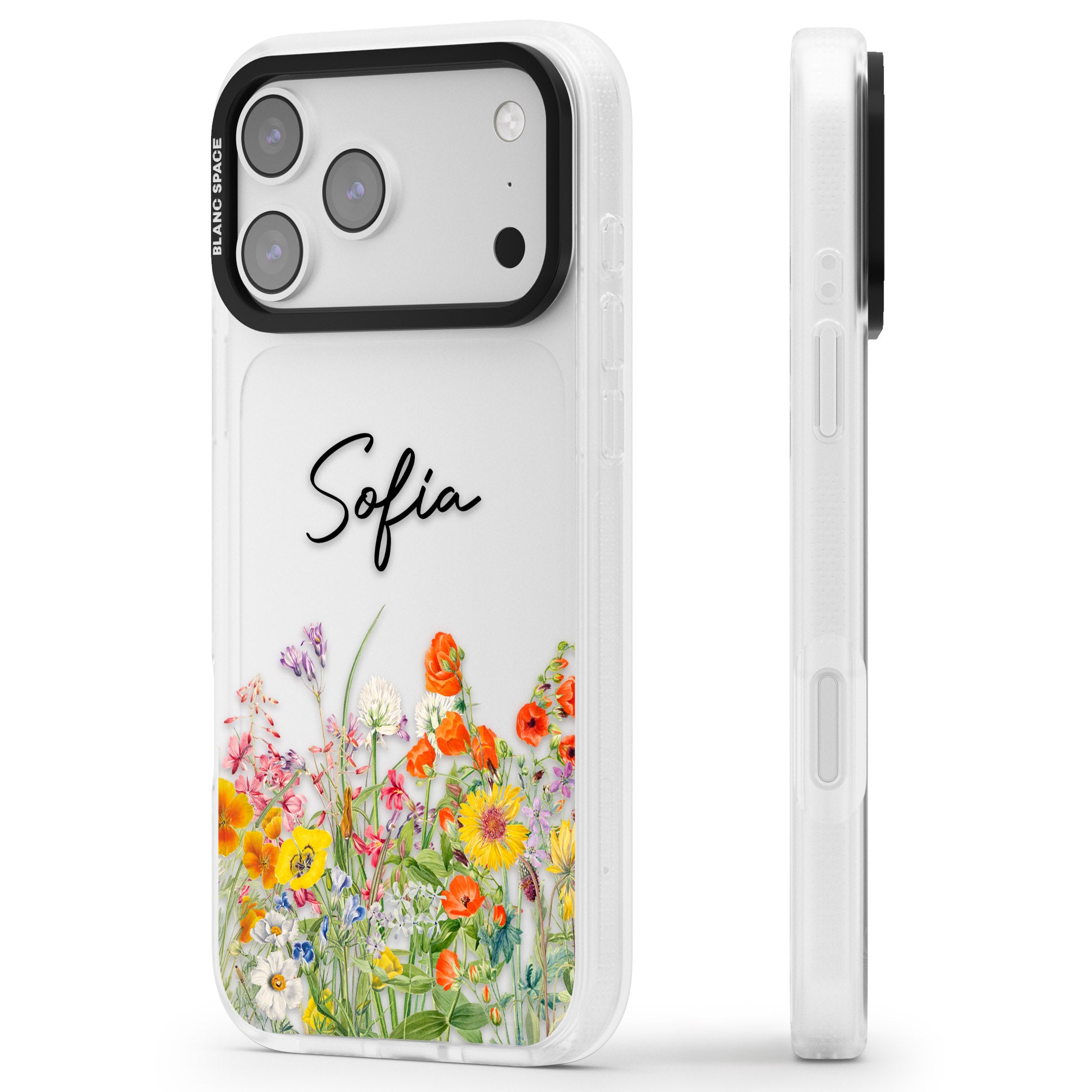 Personalised Summer Wildflowers iPhone 17 Pro Max Impact Air Clear Phone Case Side Profile