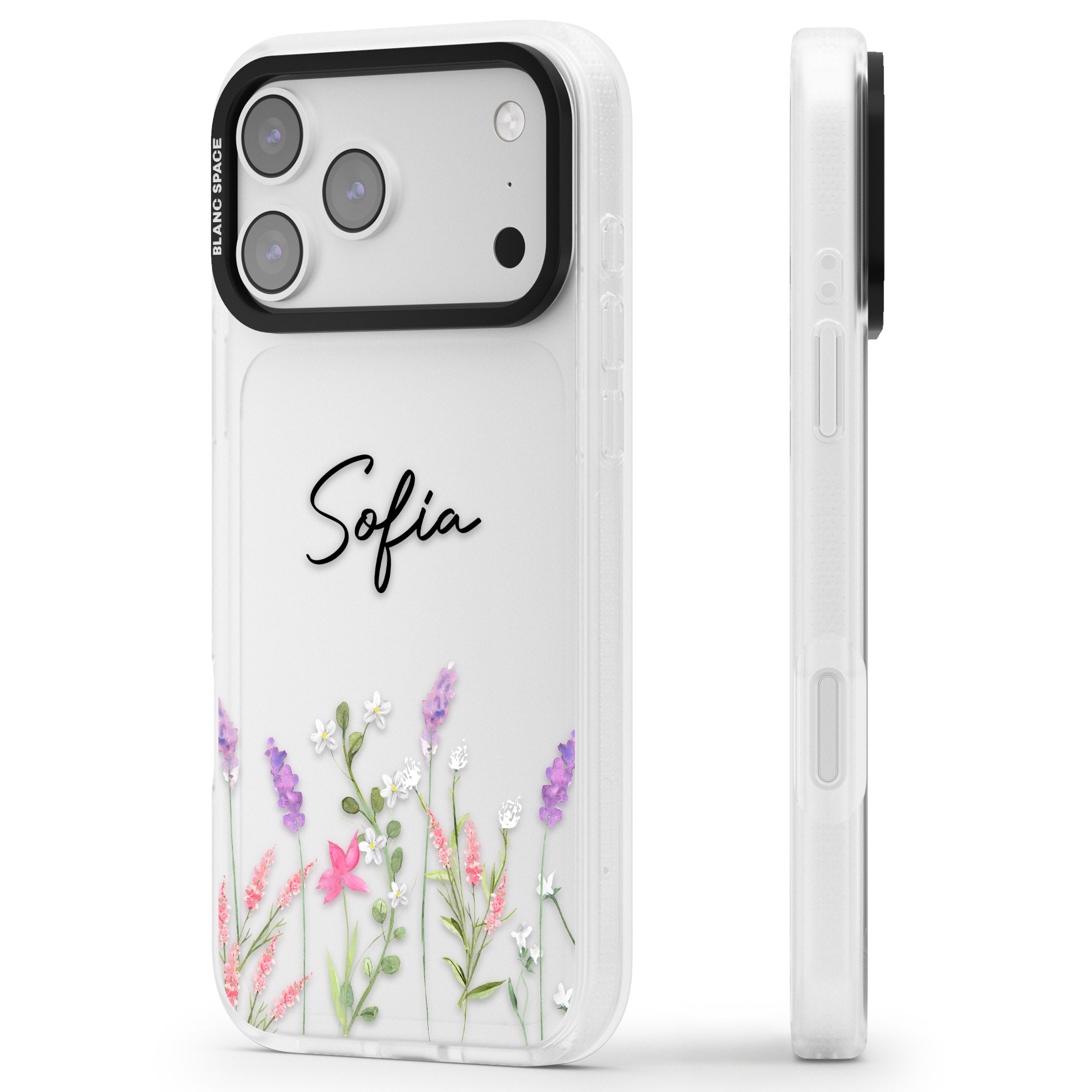 Personalised Lavender Wildflowers iPhone 17 Pro Max Impact Air Clear Phone Case Side Profile