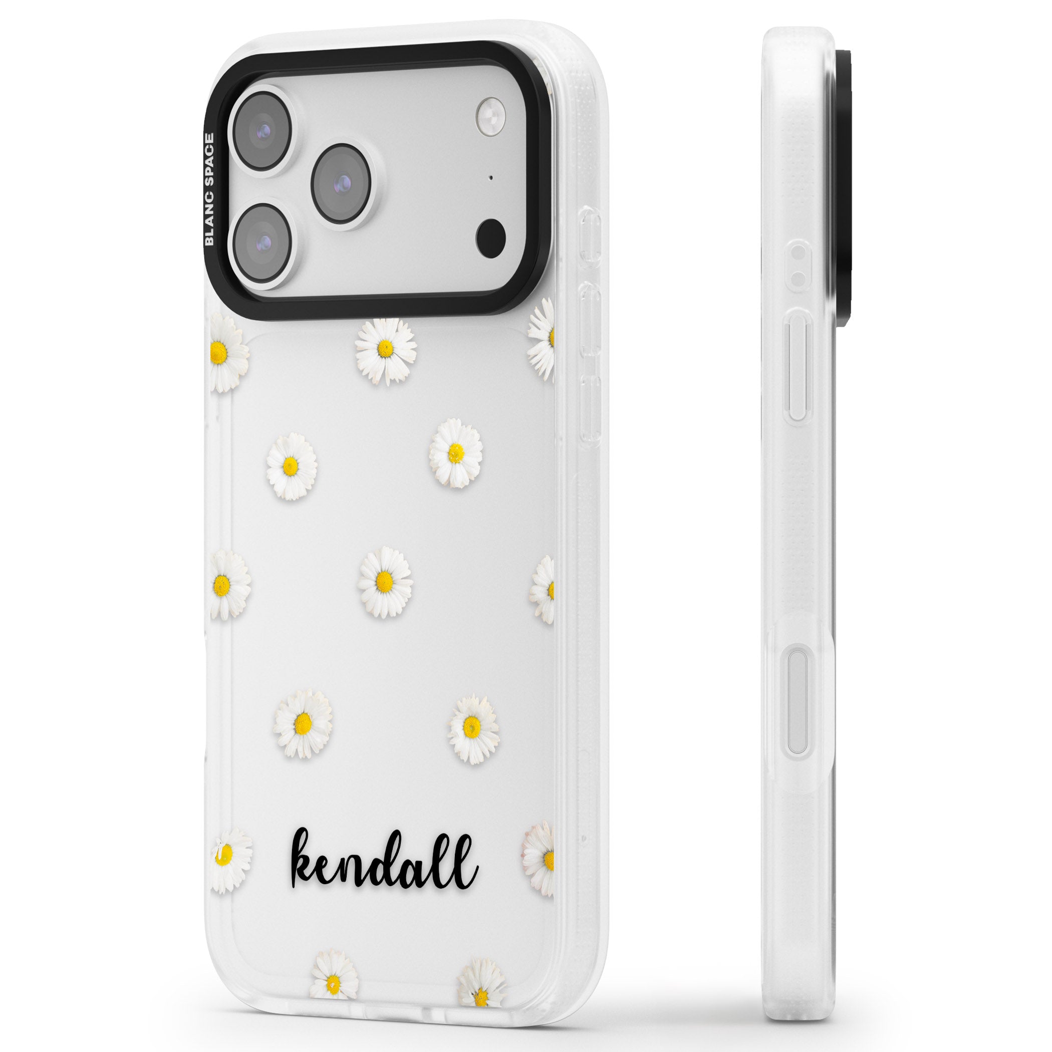 Personalised White Daisies & Cursive iPhone 17 Pro Max Impact Air Clear Phone Case Side Profile
