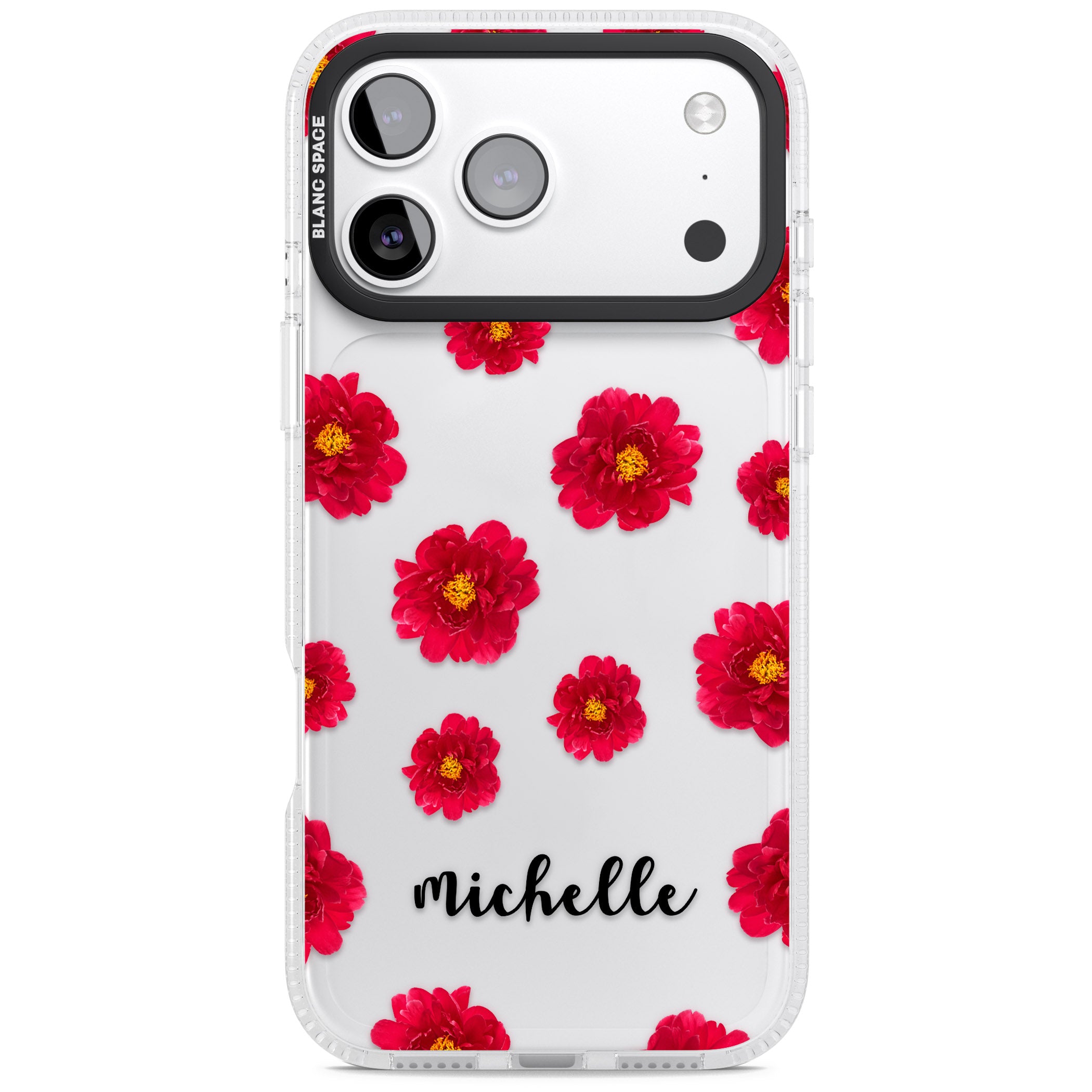 Personalised Red Peonies & Cursive iPhone 17 Pro Max Impact Air Clear Phone Case