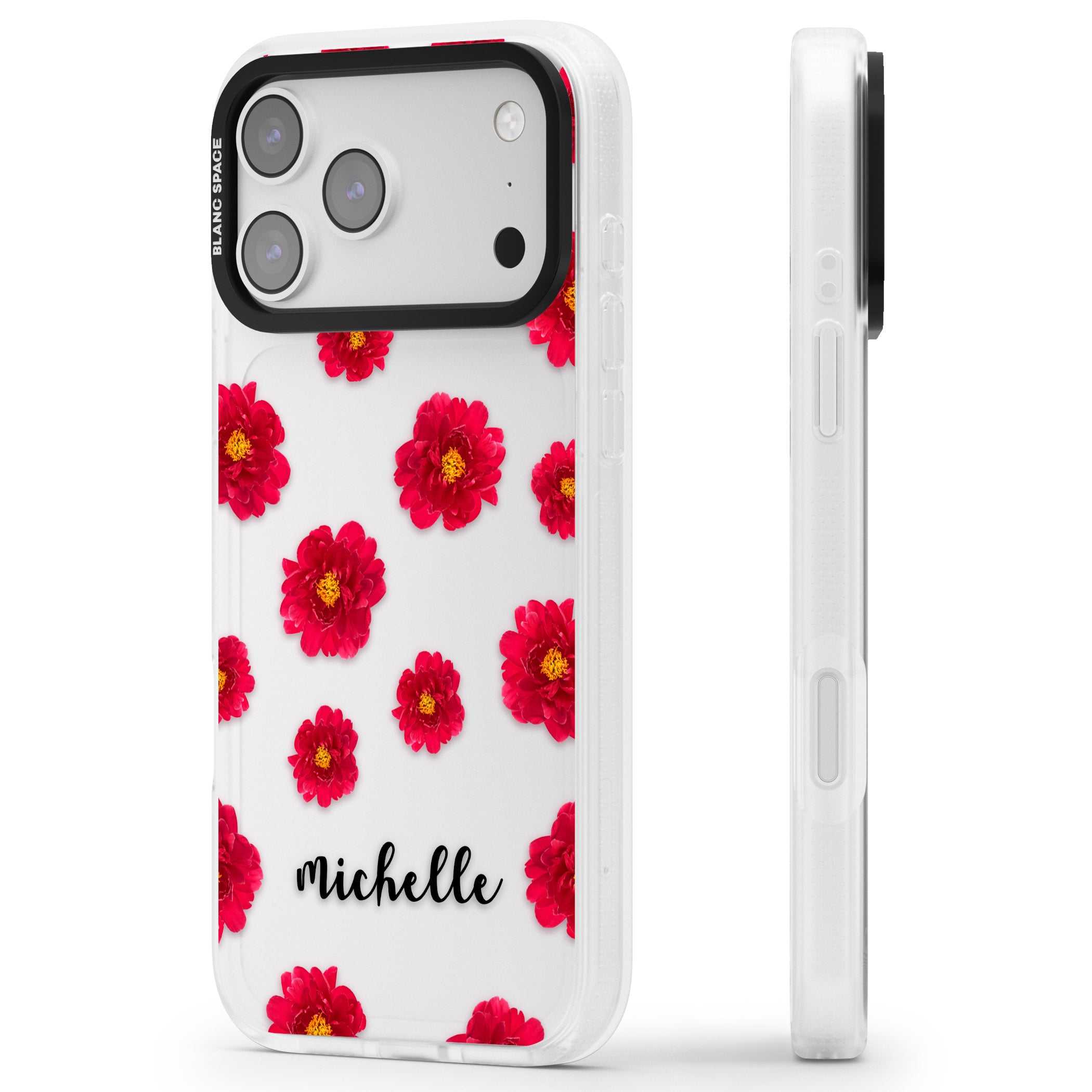 Personalised Red Peonies & Cursive iPhone 17 Pro Max Impact Air Clear Phone Case Side Profile