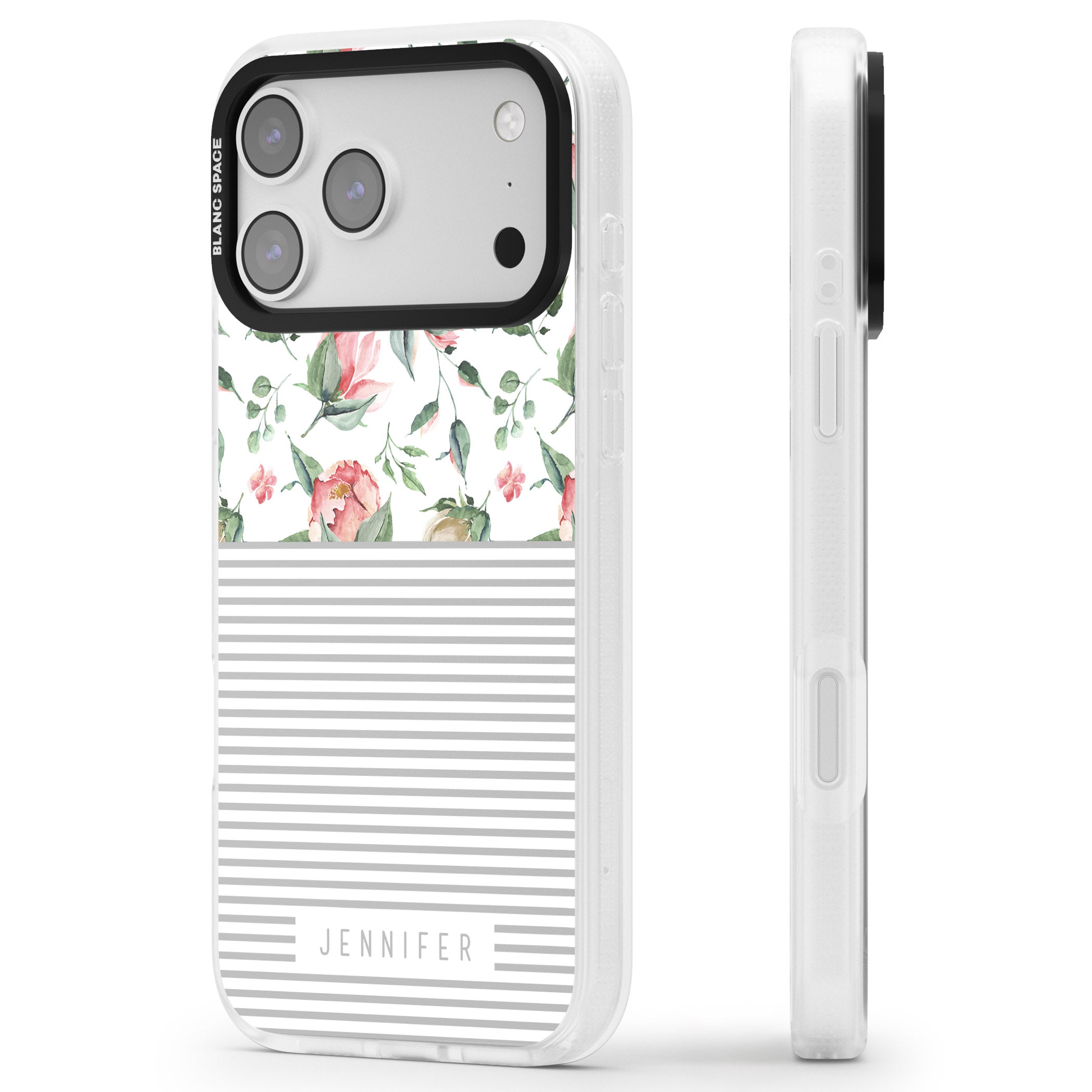Personalised Light Floral Pattern & Stripes iPhone 17 Pro Max Impact Air Clear Phone Case Side Profile