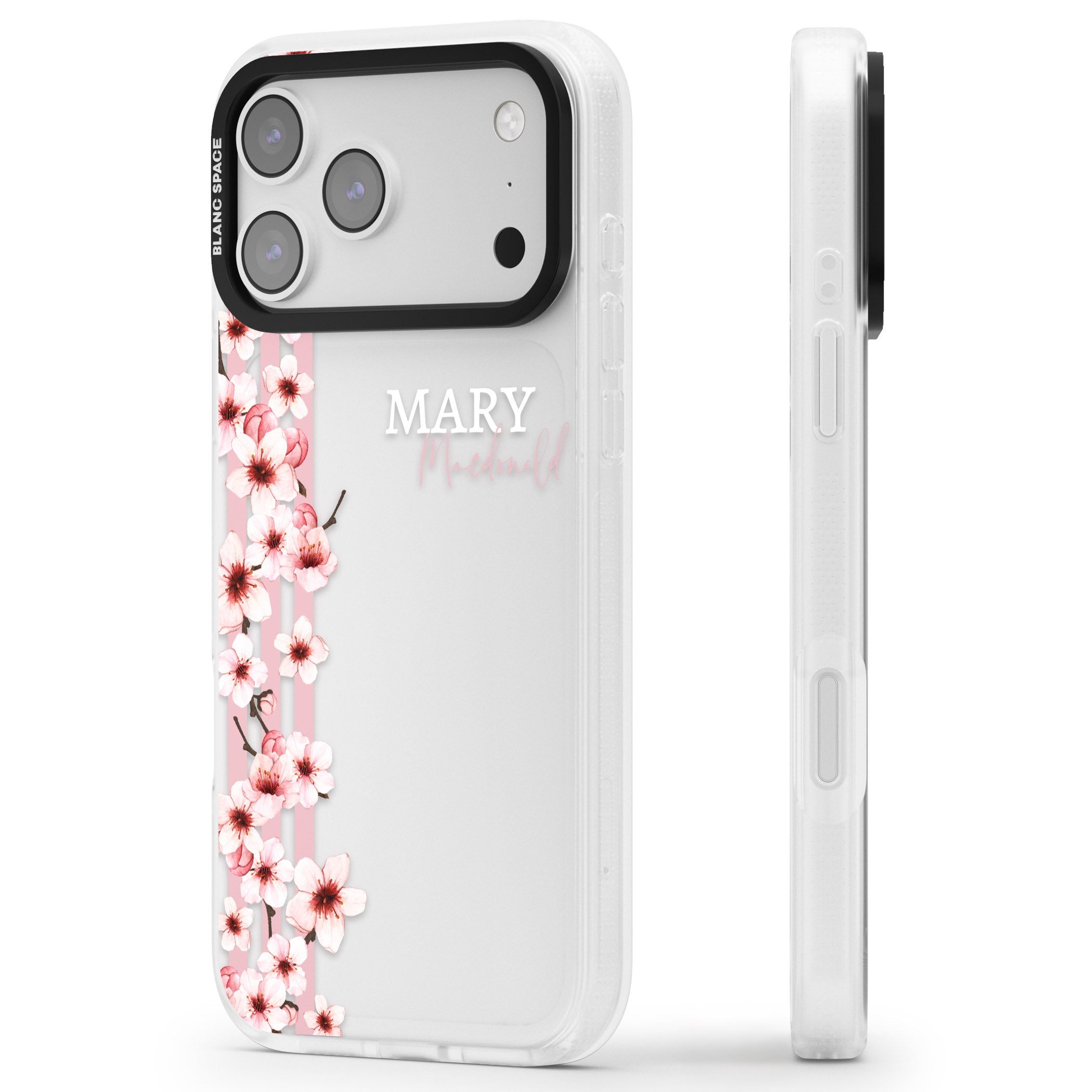 Personalised Cherry Blossom Stripes iPhone 17 Pro Max Impact Air Clear Phone Case Side Profile