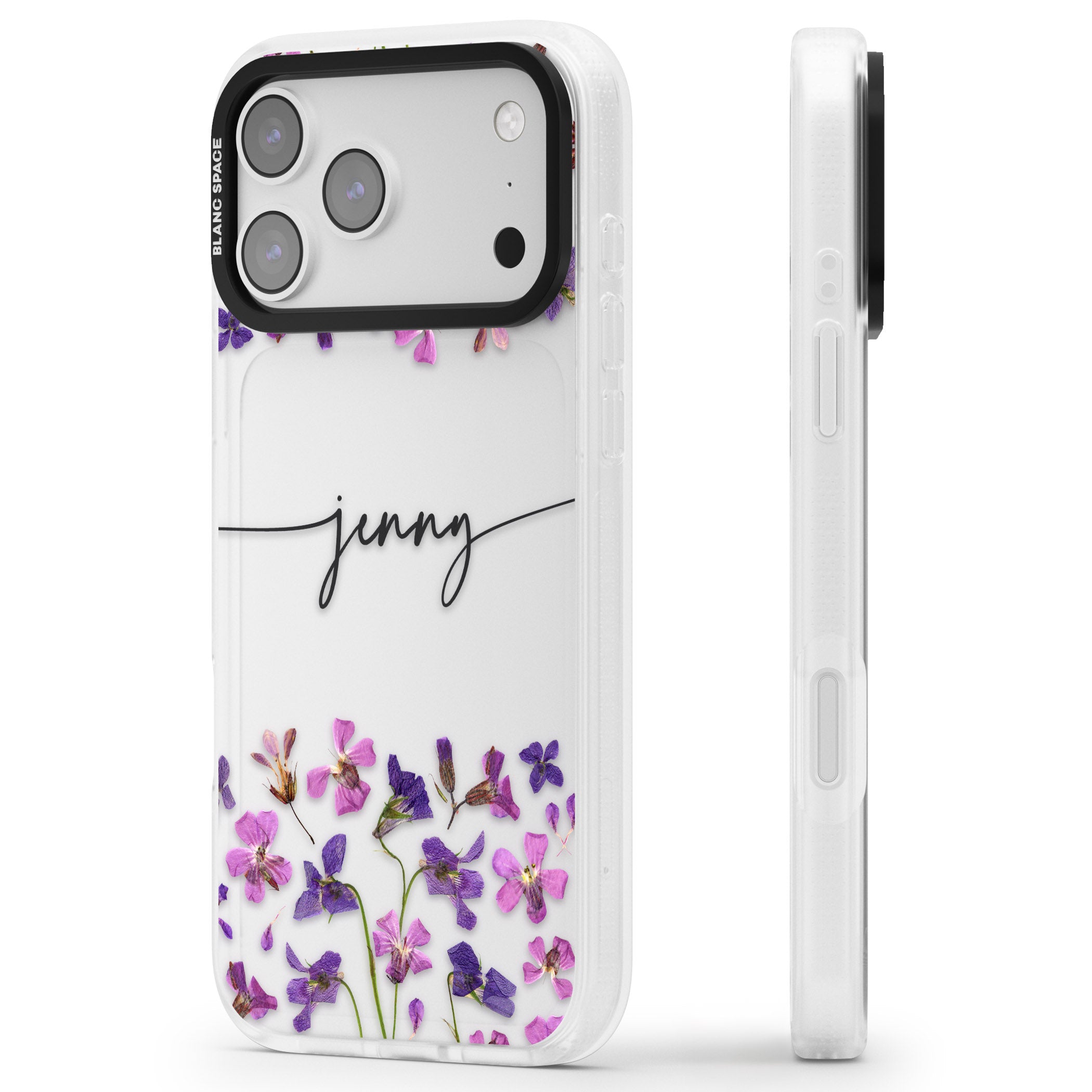 Personalised Purple Violets iPhone 17 Pro Max Impact Air Clear Phone Case Side Profile