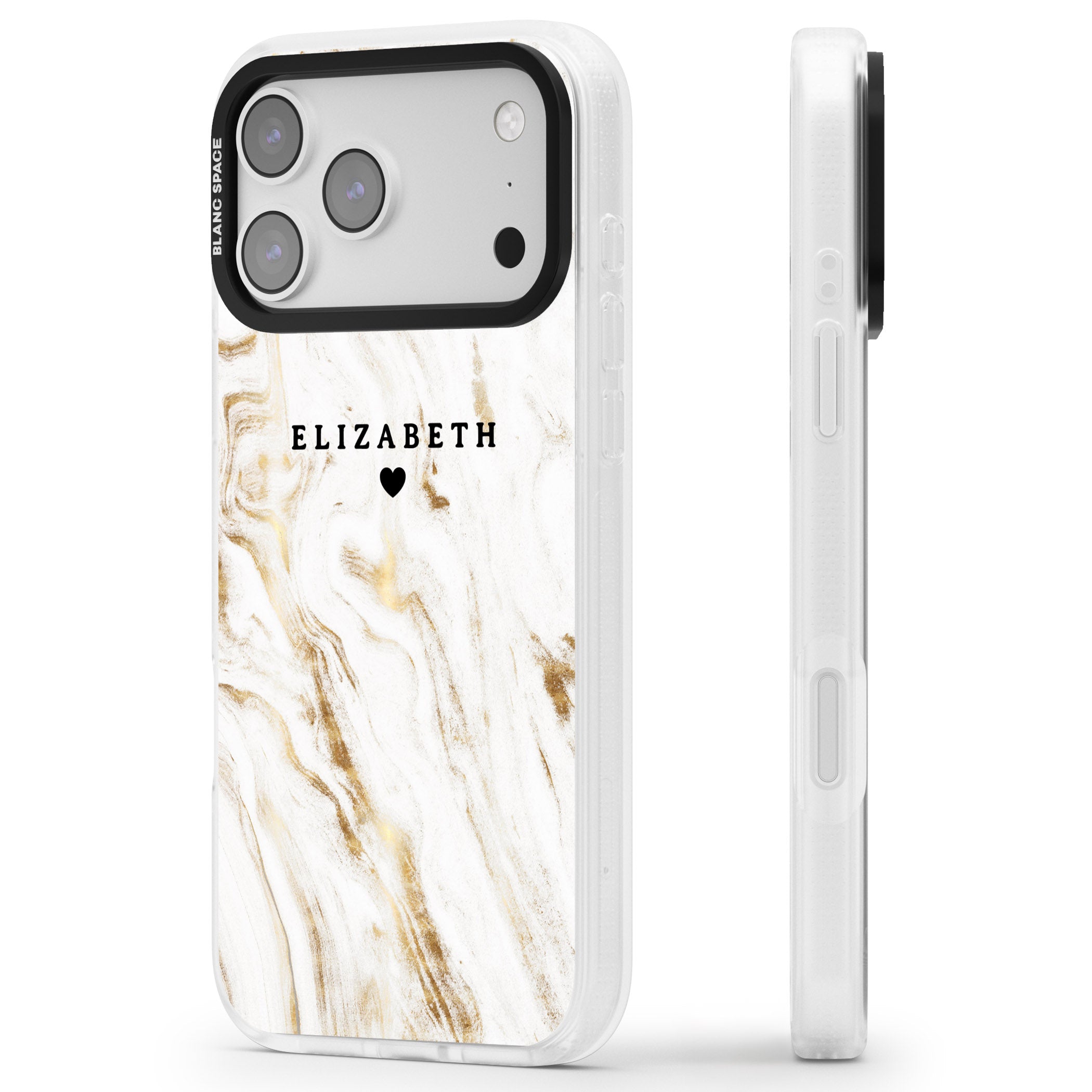 Personalised White & Gold Swirl Marble iPhone 17 Pro Max Impact Air Clear Phone Case Side Profile