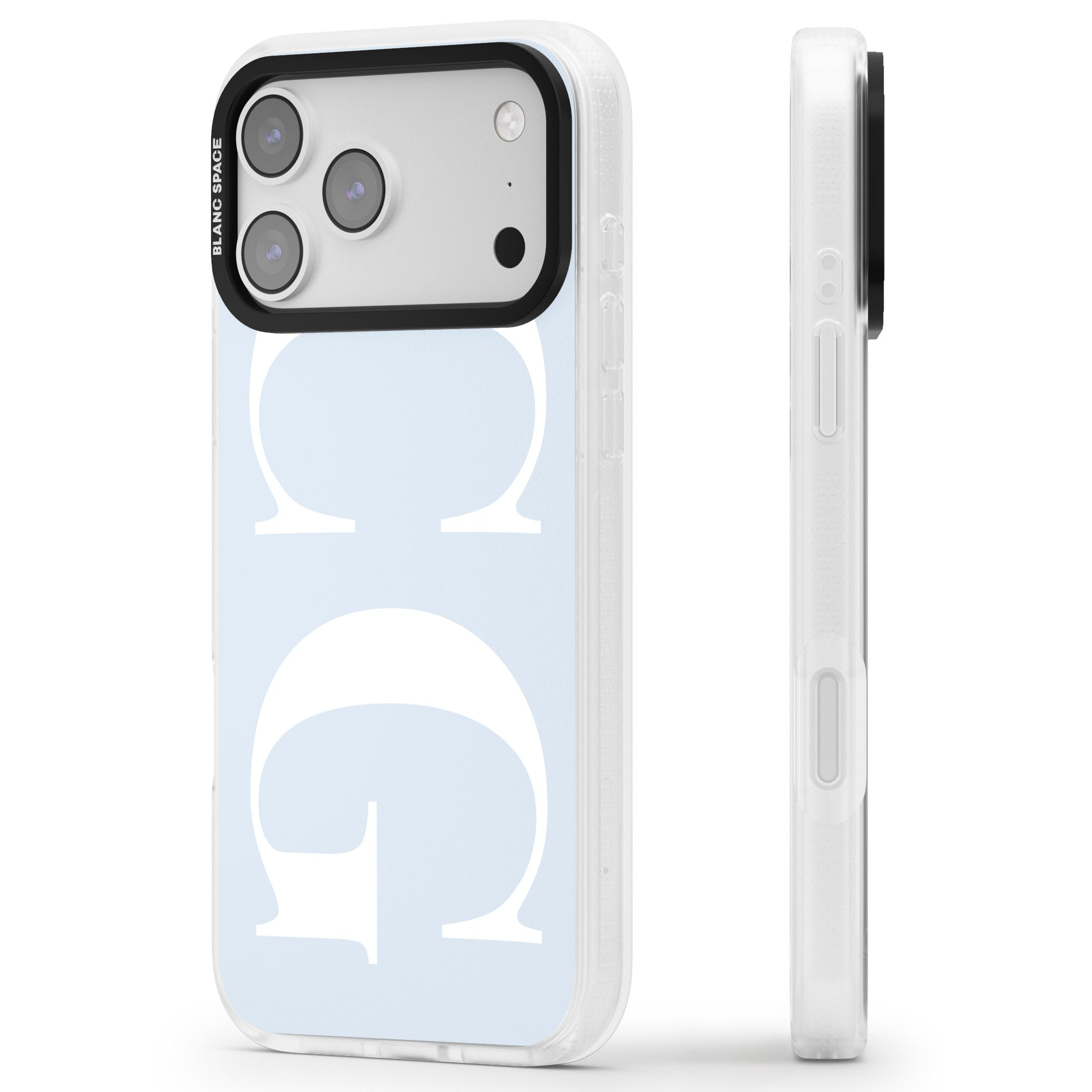 Personalised White & Blue Green Letters iPhone 17 Pro Max Impact Air Clear Phone Case Side Profile