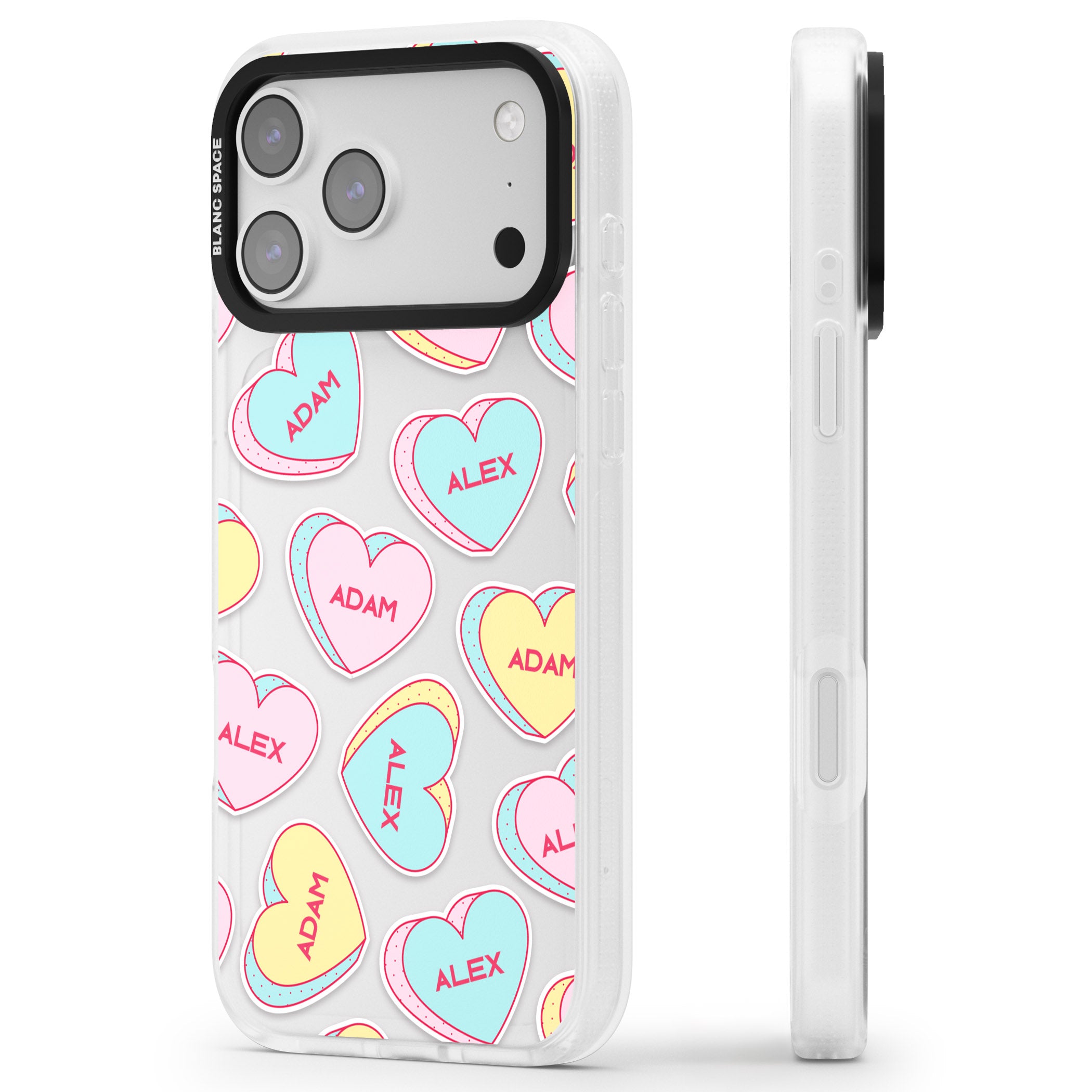 Personalised Love Hearts iPhone 17 Pro Max Impact Air Clear Phone Case Side Profile