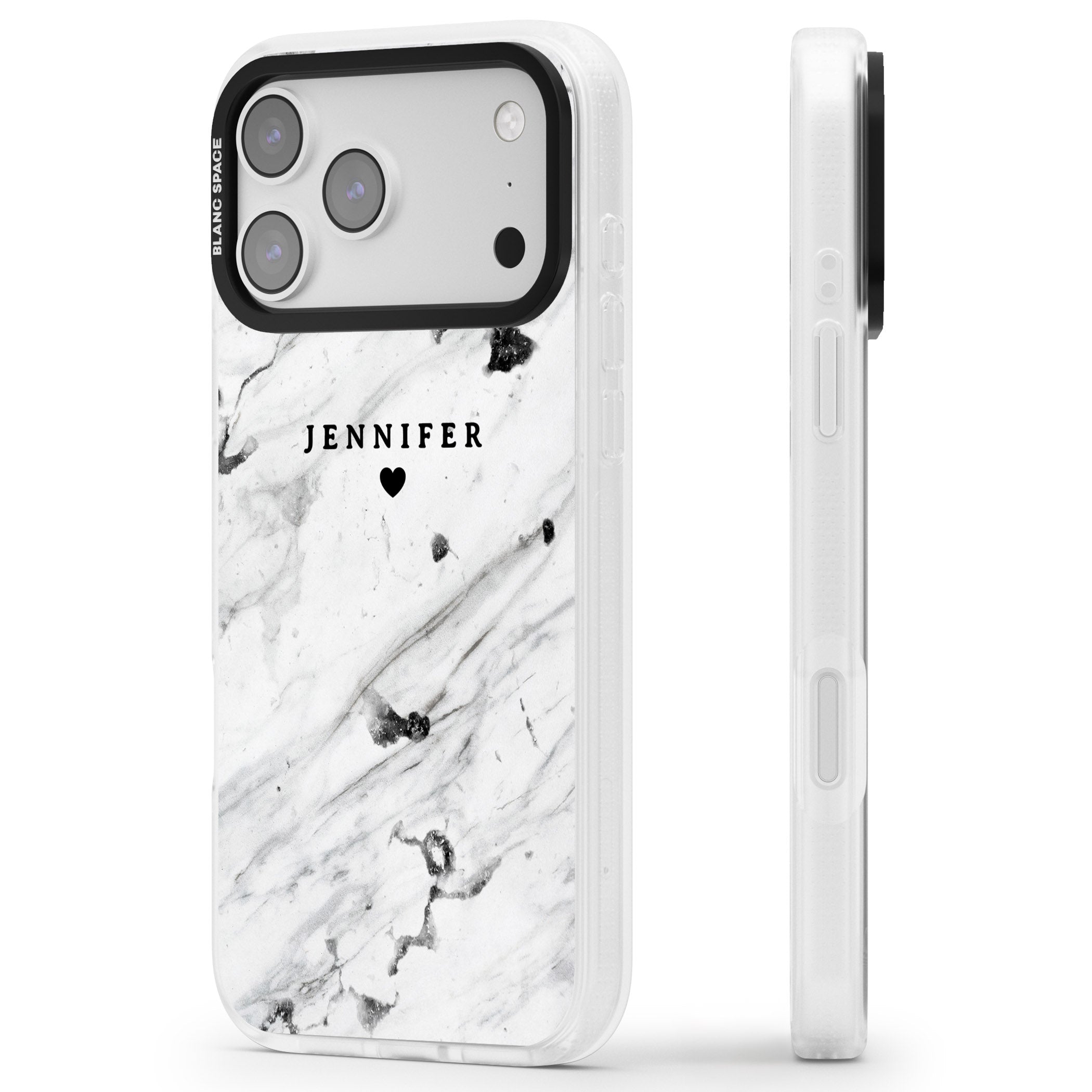 Personalised Marble Heart iPhone 17 Pro Max Impact Air Clear Phone Case Side Profile