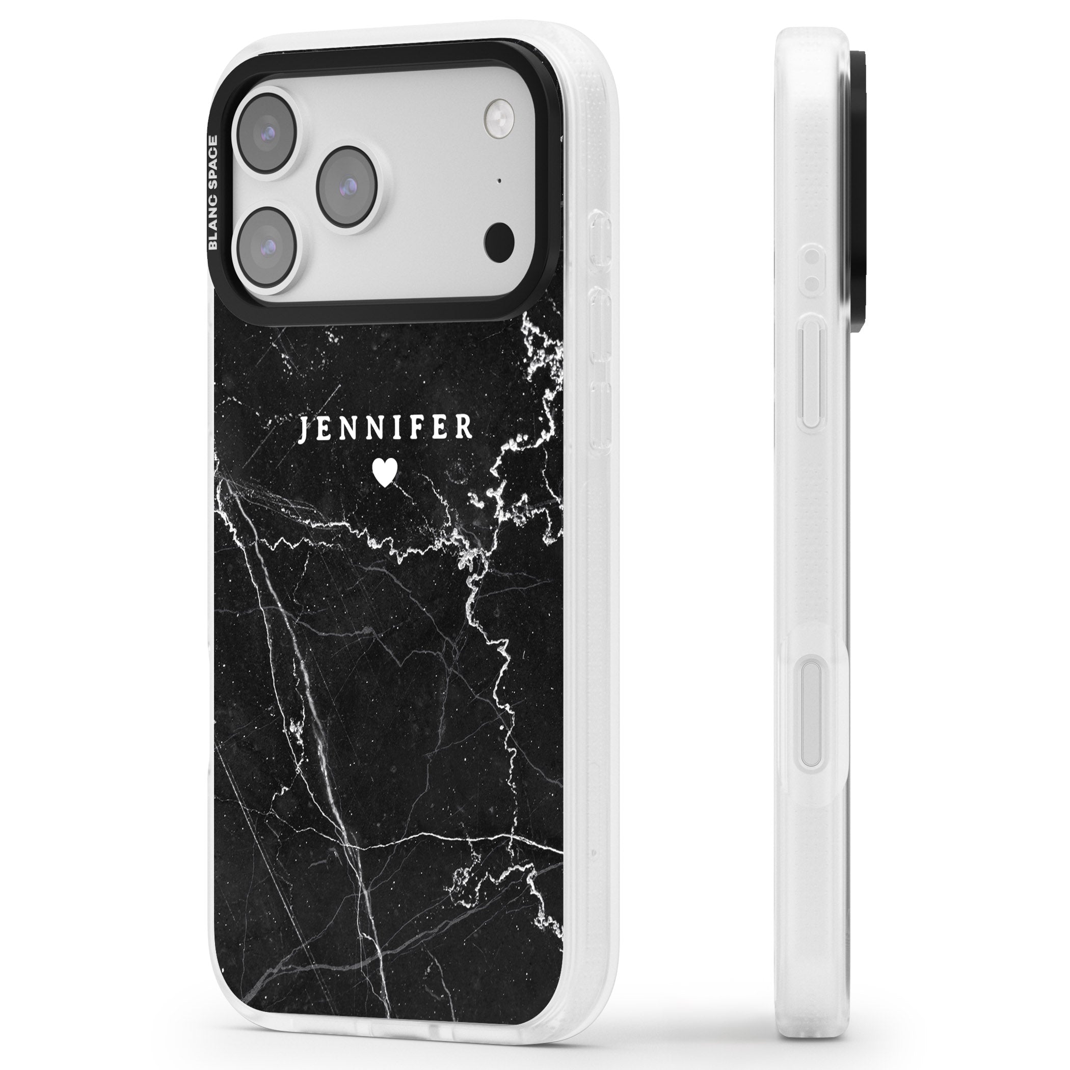 Personalised Black Marble iPhone 17 Pro Max Impact Air Clear Phone Case Side Profile
