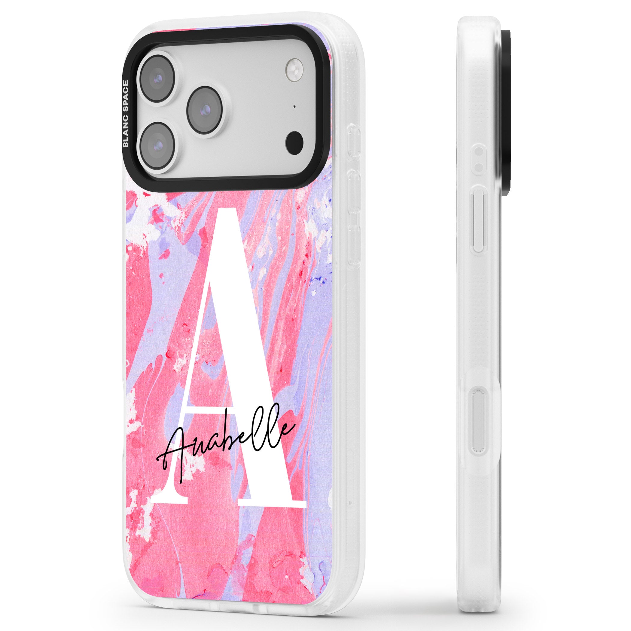 Personalised Pink & Purple Marble iPhone 17 Pro Max Impact Air Clear Phone Case Side Profile