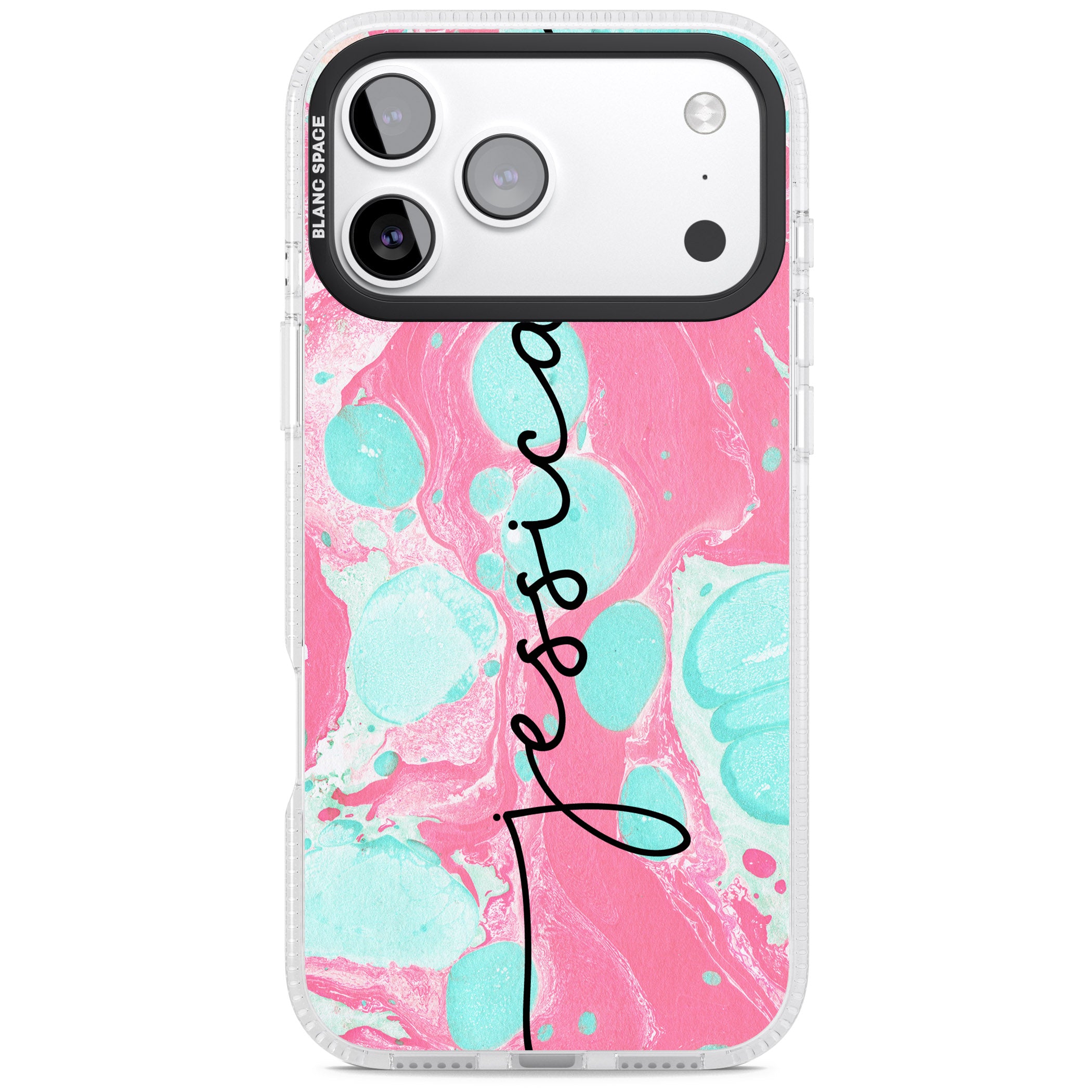 Personalised Turquoise & Pink Marbled iPhone 17 Pro Max Impact Air Clear Phone Case