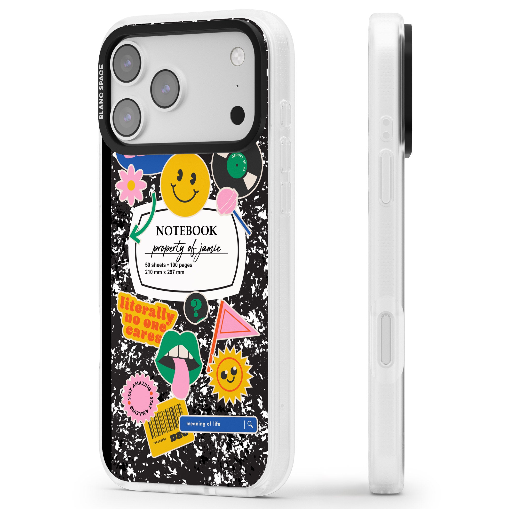 Personalised Quirky Notebook iPhone 17 Pro Max Impact Air Clear Phone Case Side Profile