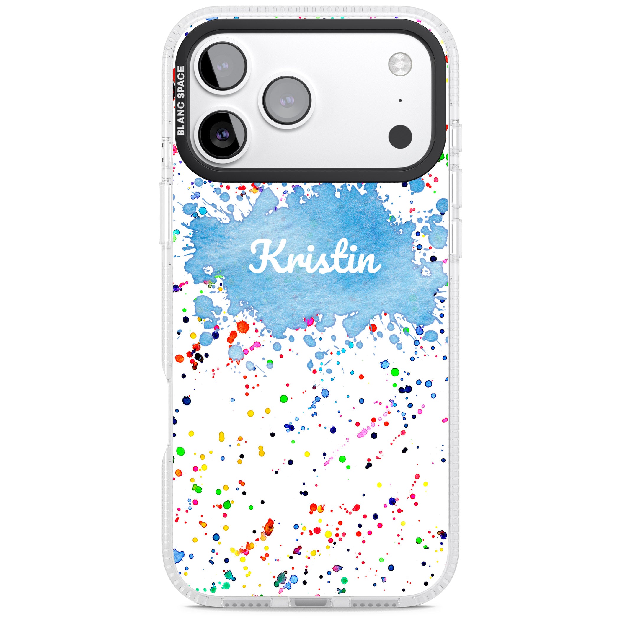 Personalised Rainbow Splatter Name iPhone 17 Pro Max Impact Air Clear Phone Case