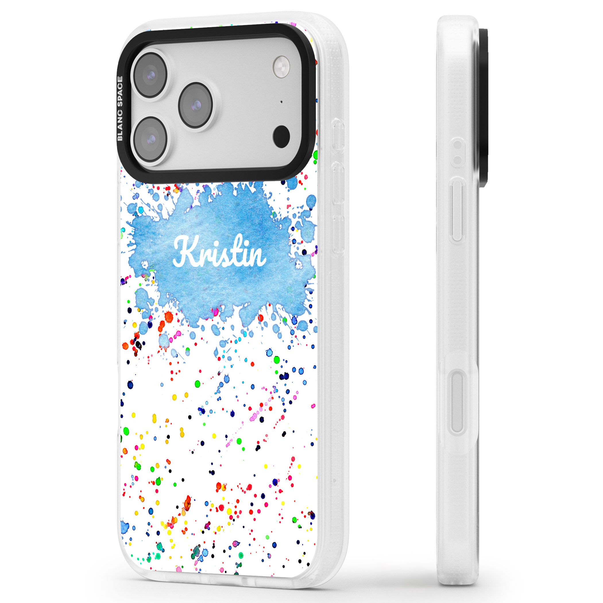 Personalised Rainbow Splatter Name iPhone 17 Pro Max Impact Air Clear Phone Case Side Profile