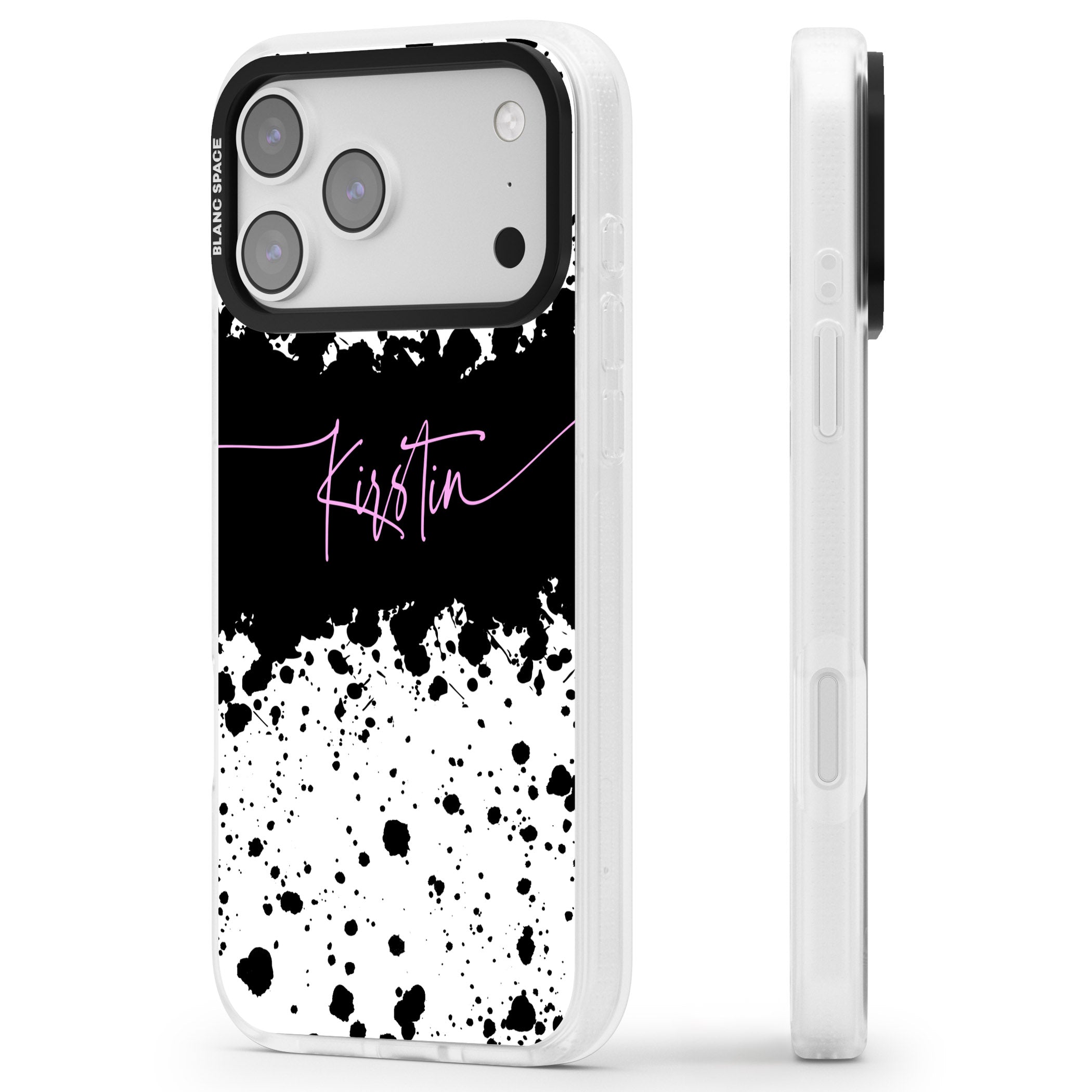 Personalised Bold Paint Splatters iPhone 17 Pro Max Impact Air Clear Phone Case Side Profile