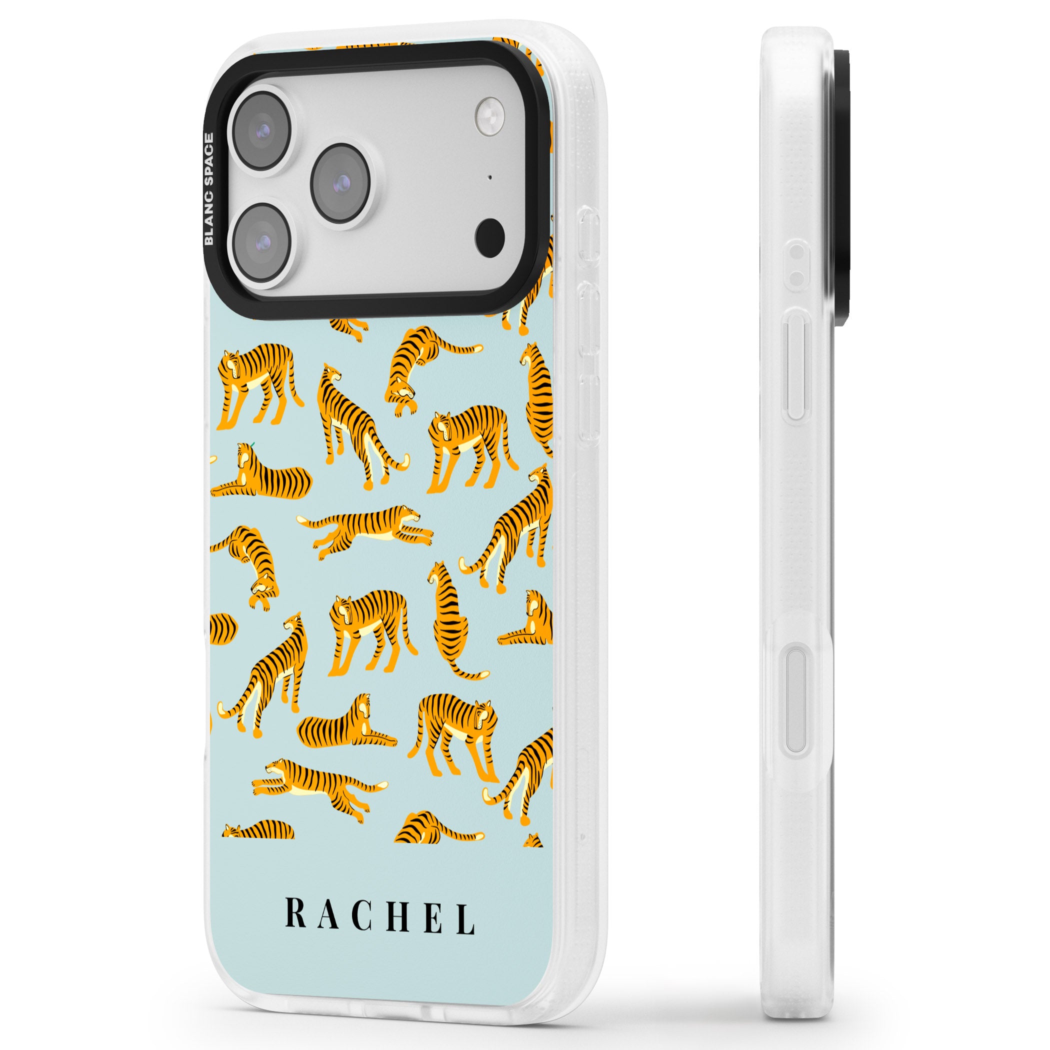 Personalised Turquoise Tiger Pattern iPhone 17 Pro Max Impact Air Clear Phone Case Side Profile