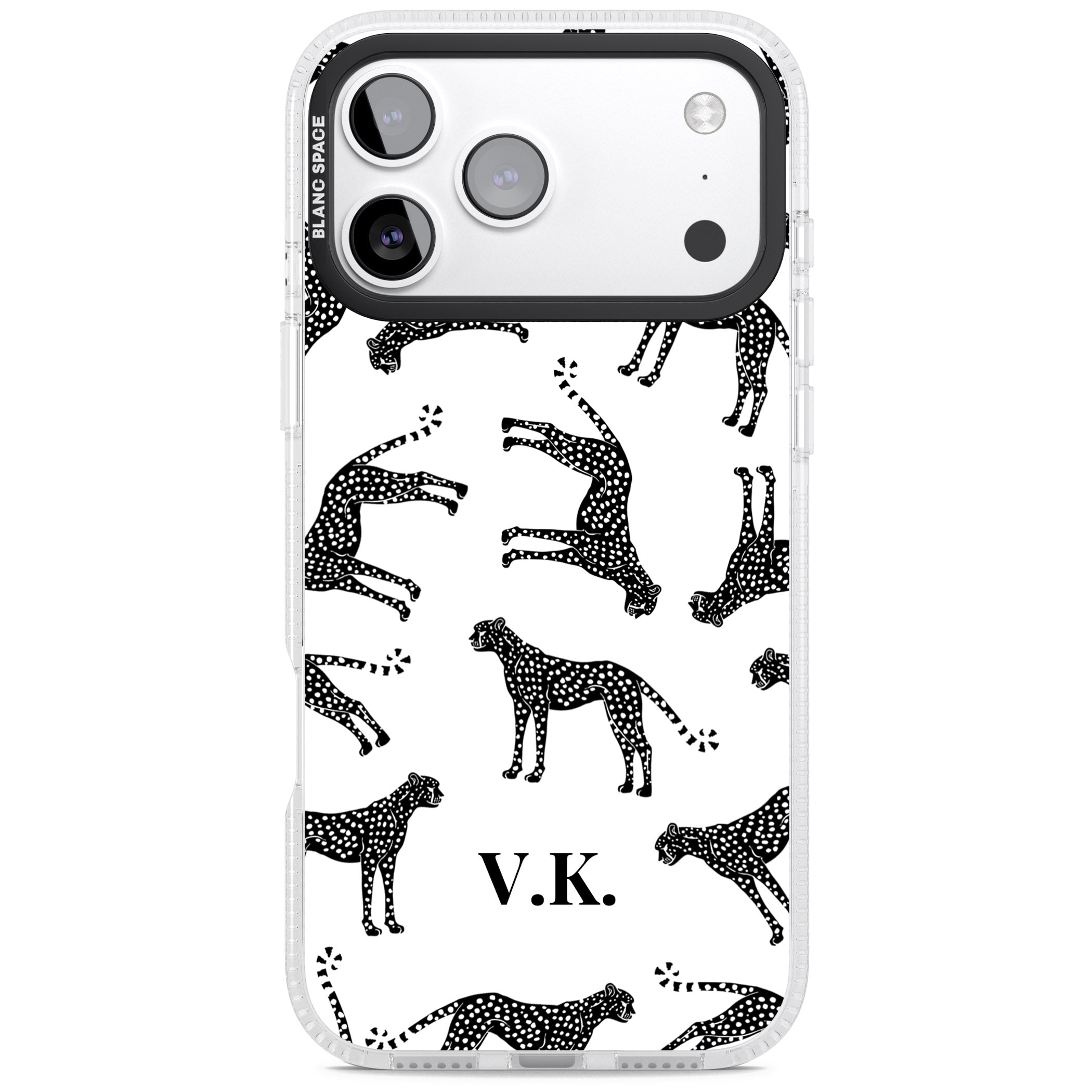 Personalised Black & White Cheetah Pattern iPhone 17 Pro Max Impact Air Clear Phone Case