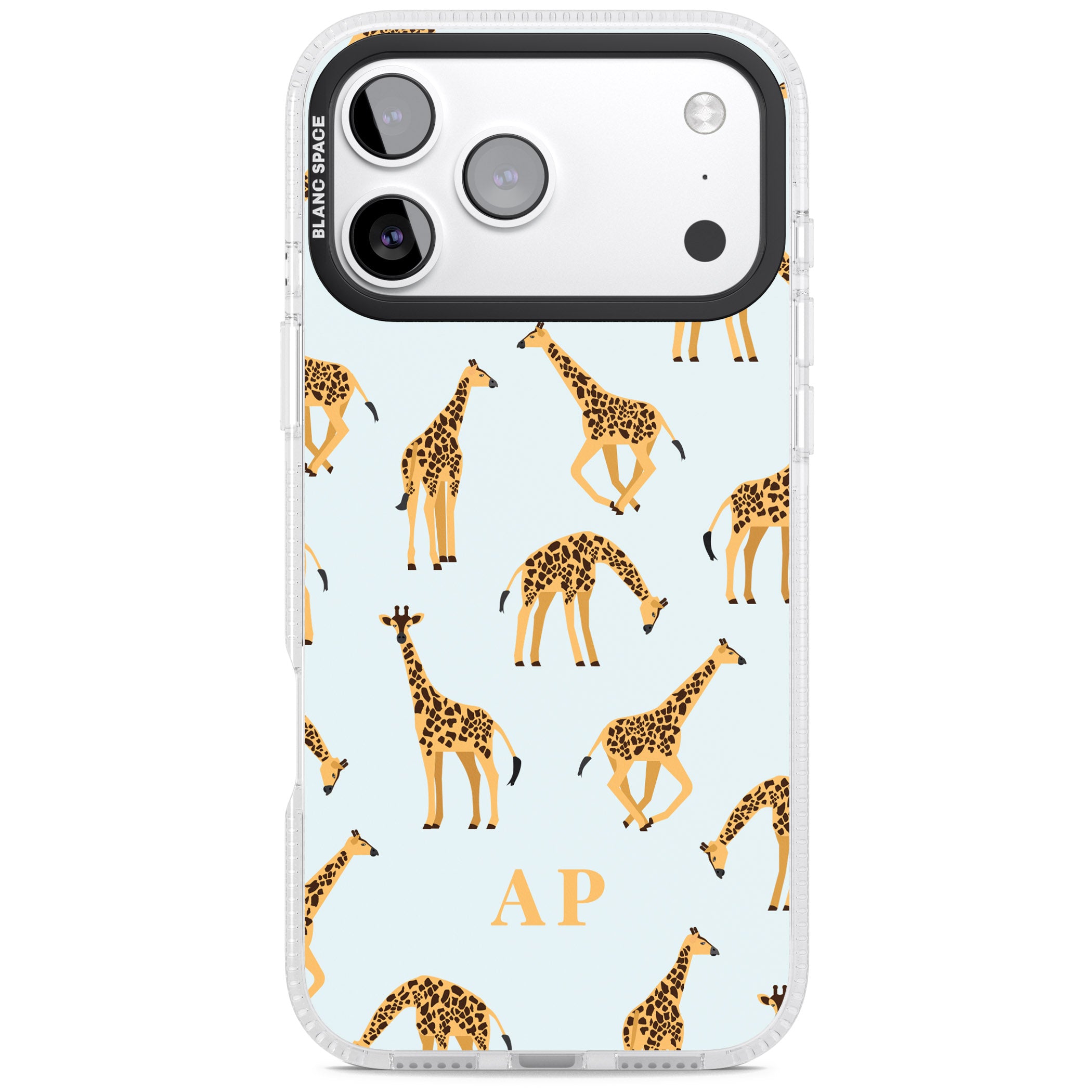 Personalised Safari Giraffe Pattern On Blue iPhone 17 Pro Max Impact Air Clear Phone Case
