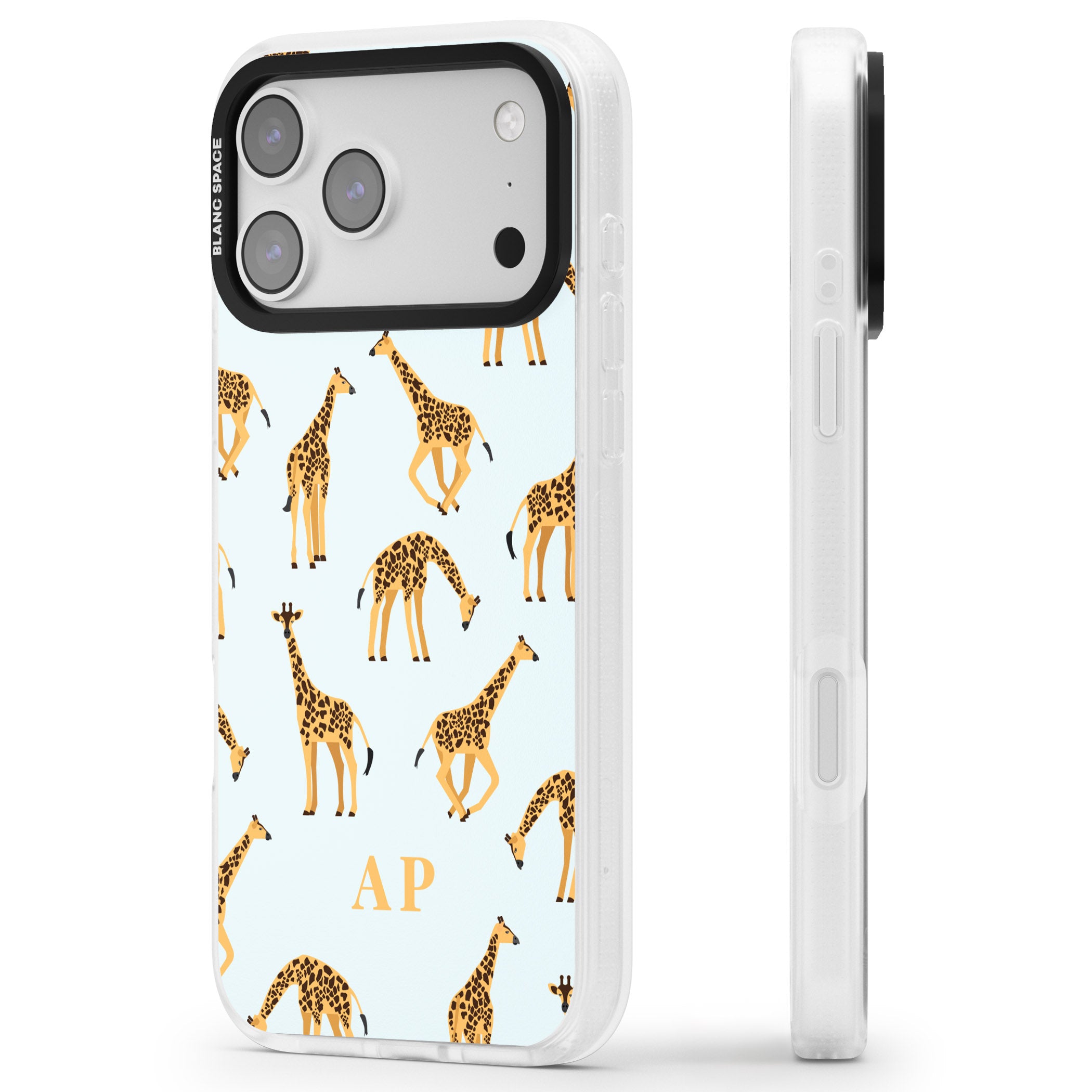 Personalised Safari Giraffe Pattern On Blue iPhone 17 Pro Max Impact Air Clear Phone Case Side Profile