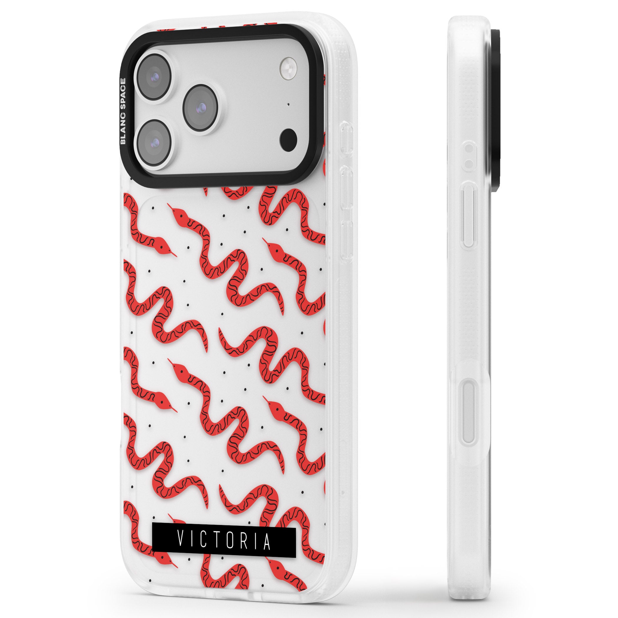 Personalised Red Snake Pattern iPhone 17 Pro Max Impact Air Clear Phone Case Side Profile