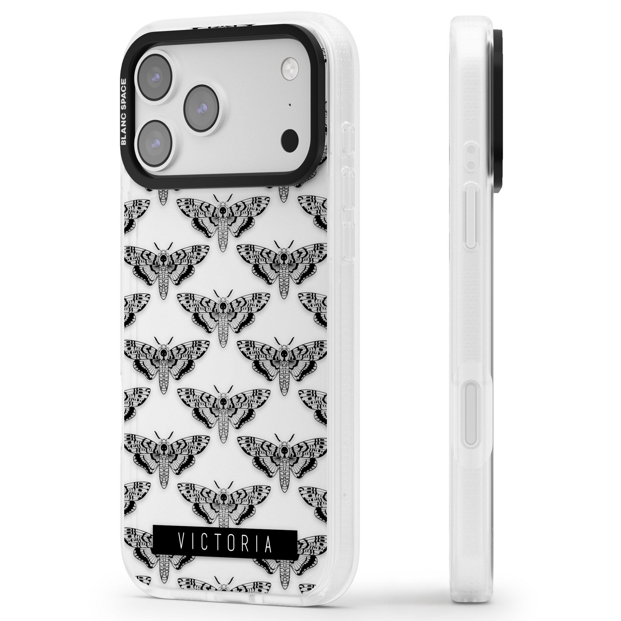 Personalised Hawk Moth Pattern iPhone 17 Pro Max Impact Air Clear Phone Case Side Profile