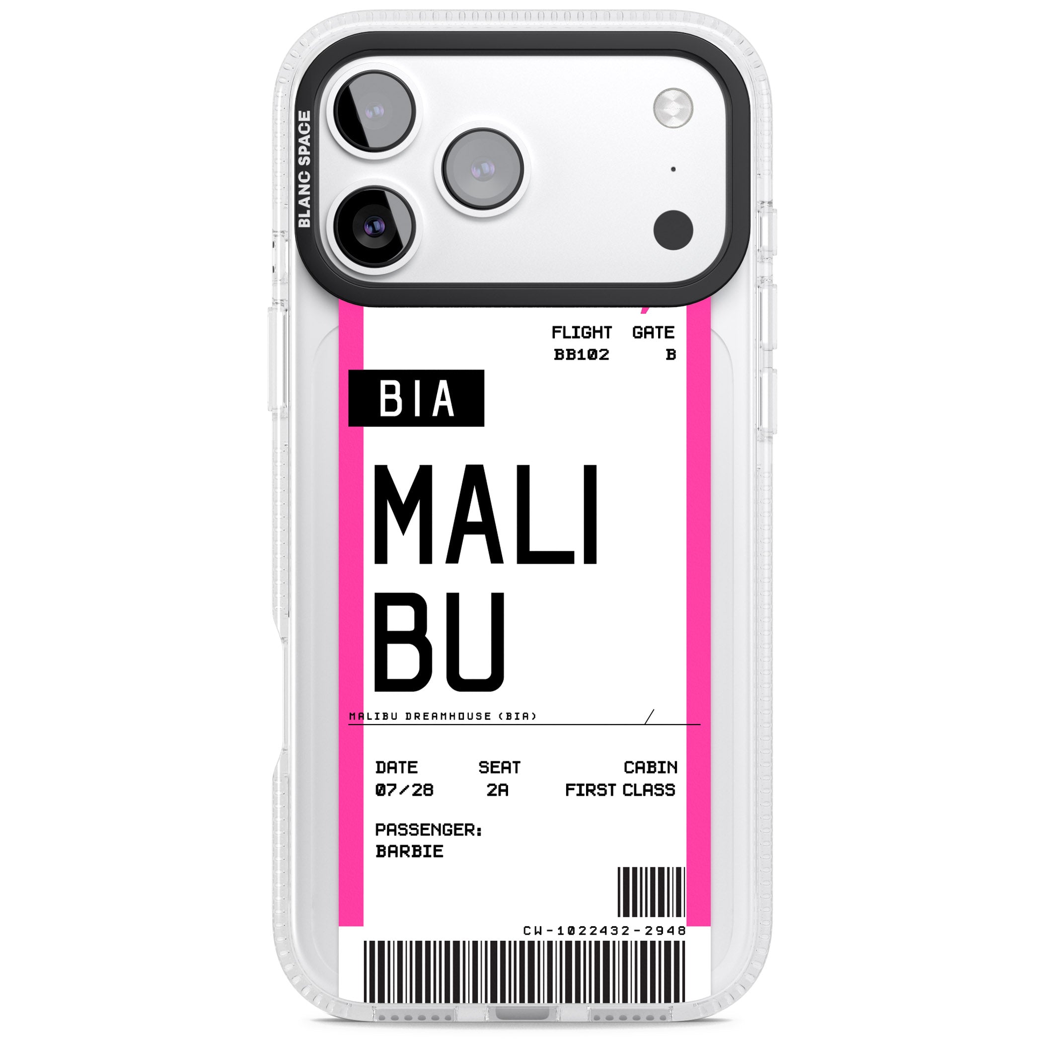 Personalised Pink Malibu Boarding Pass iPhone 17 Pro Max Impact Air Clear Phone Case